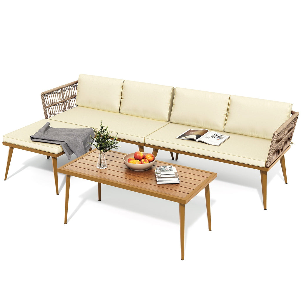Ensemble de conversation pour patio extérieur Moasis 4 pièces, canapé sectionnel en osier en forme de L avec coussins et table d'appoint