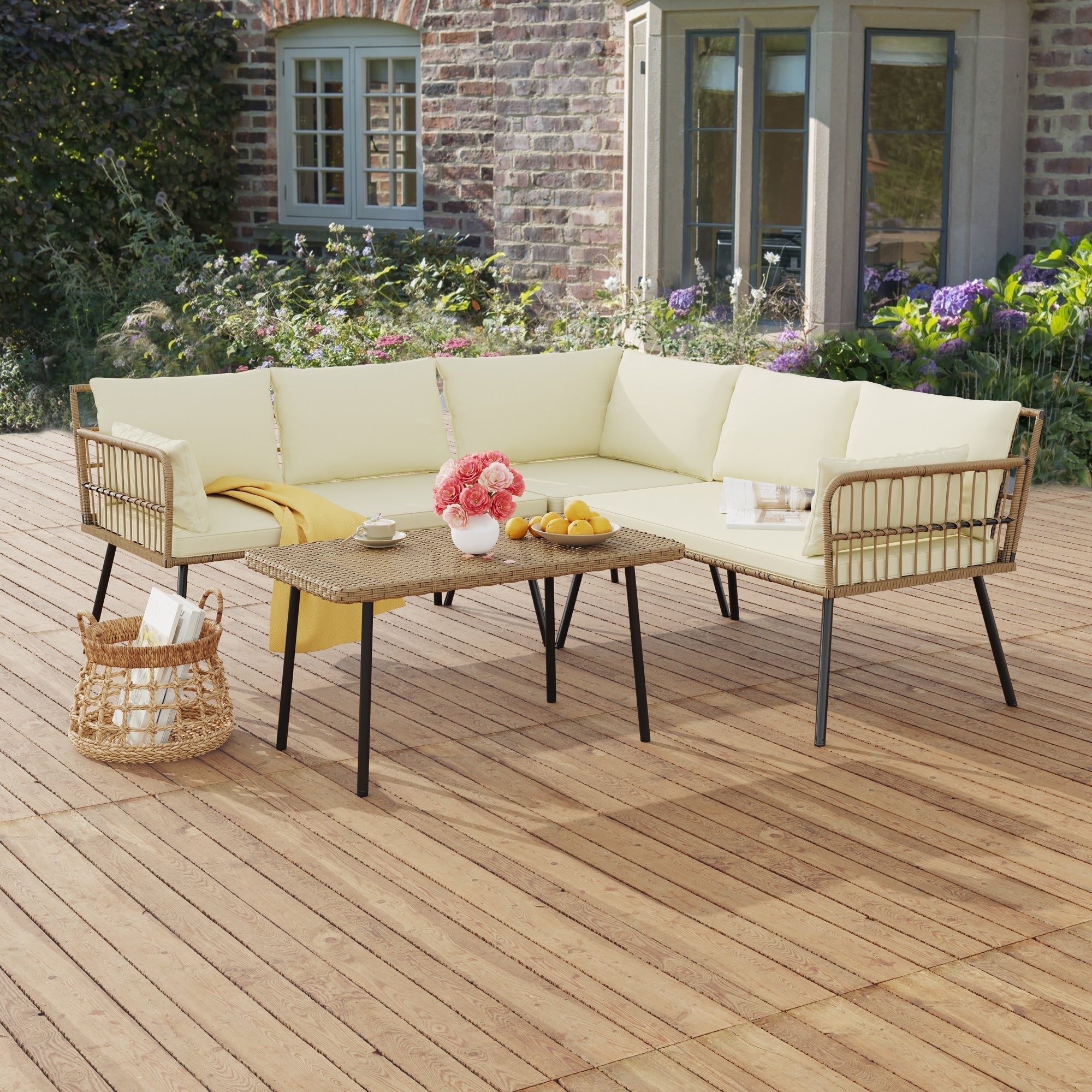 Ensemble de conversation pour patio extérieur Moasis 4 pièces, canapé sectionnel en osier, ensemble de canapé en forme de L avec table basse