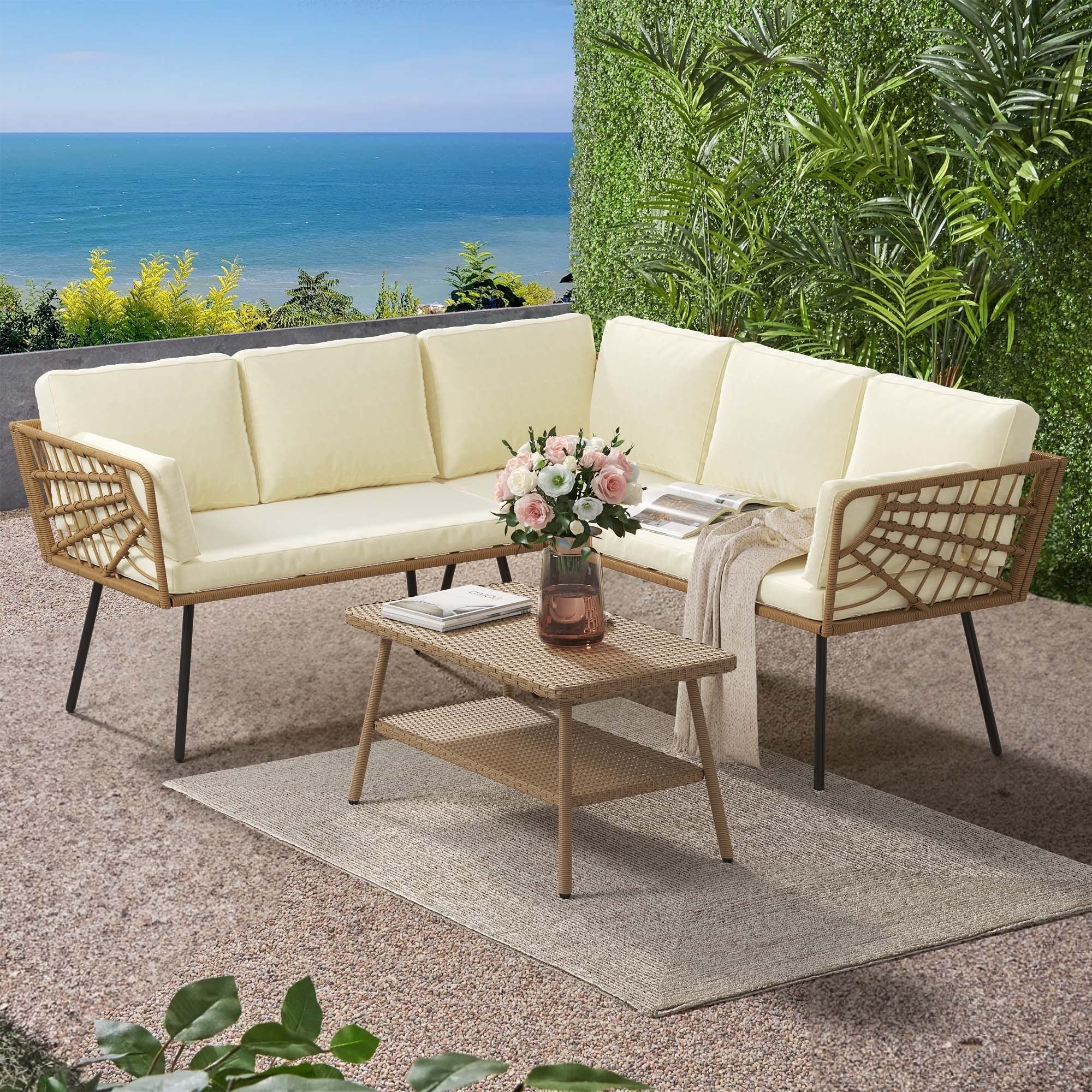 Ensemble de conversation pour patio extérieur Moasis 4 pièces, canapé sectionnel en osier, ensemble de canapé en forme de L avec table basse