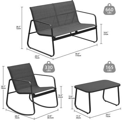Ensemble de conversation extérieur Moasis 4 pièces avec chaises à bascule Bistro, causeuse et table en verre