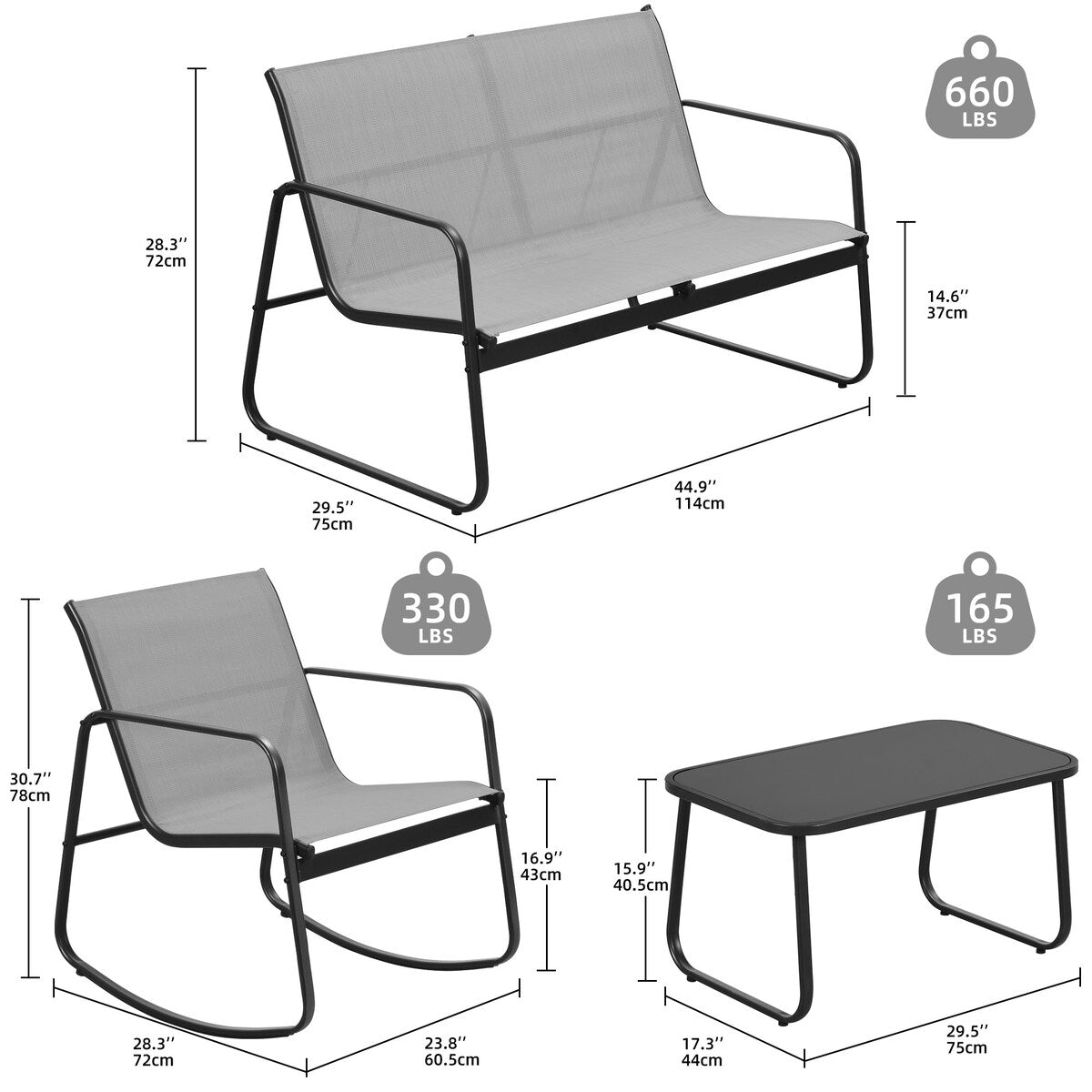 Ensemble de conversation extérieur Moasis 4 pièces avec chaises à bascule Bistro, causeuse et table en verre