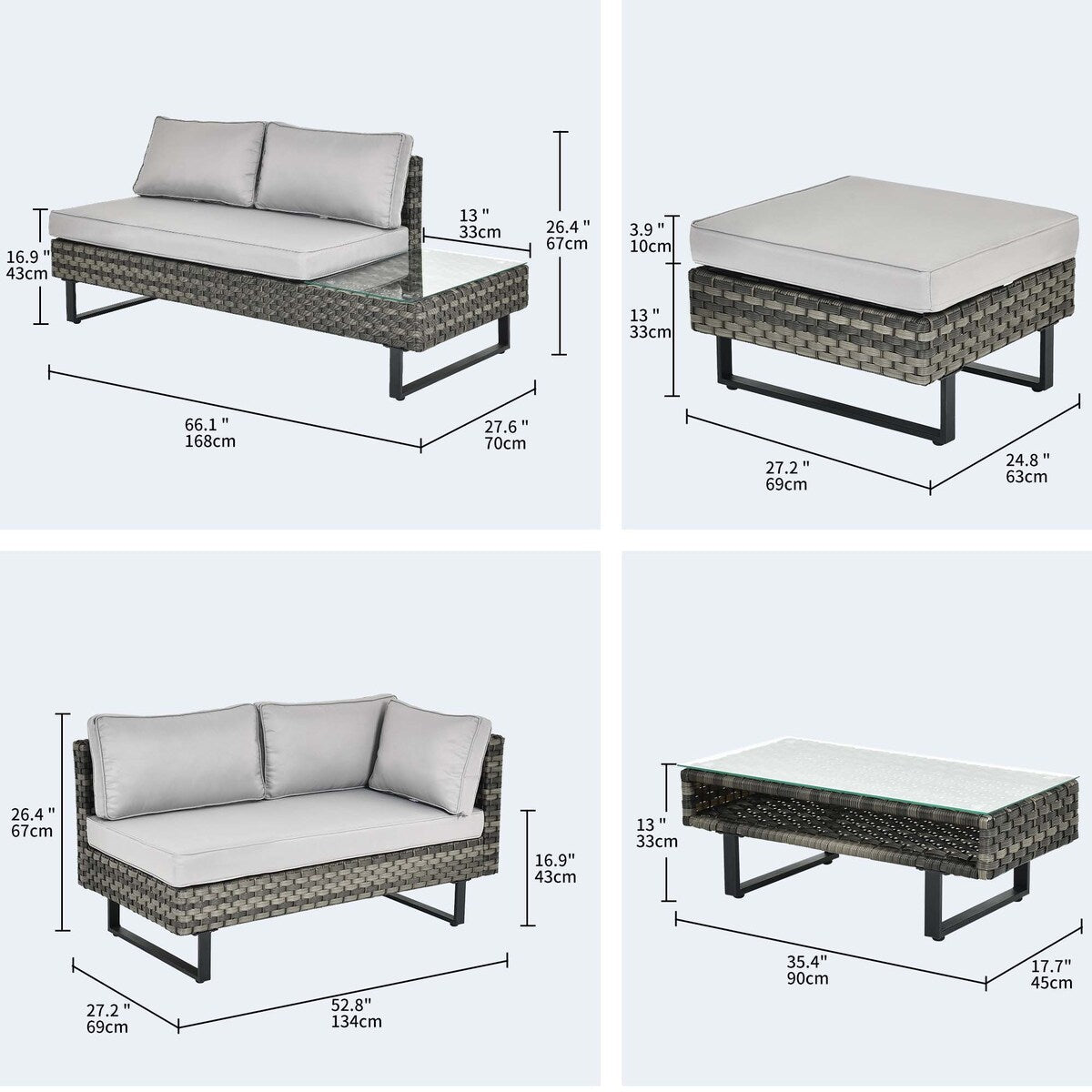Ensemble de salon de jardin Moasis 4 pièces en rotin synthétique avec canapé sectionnel en L, table basse et coussins