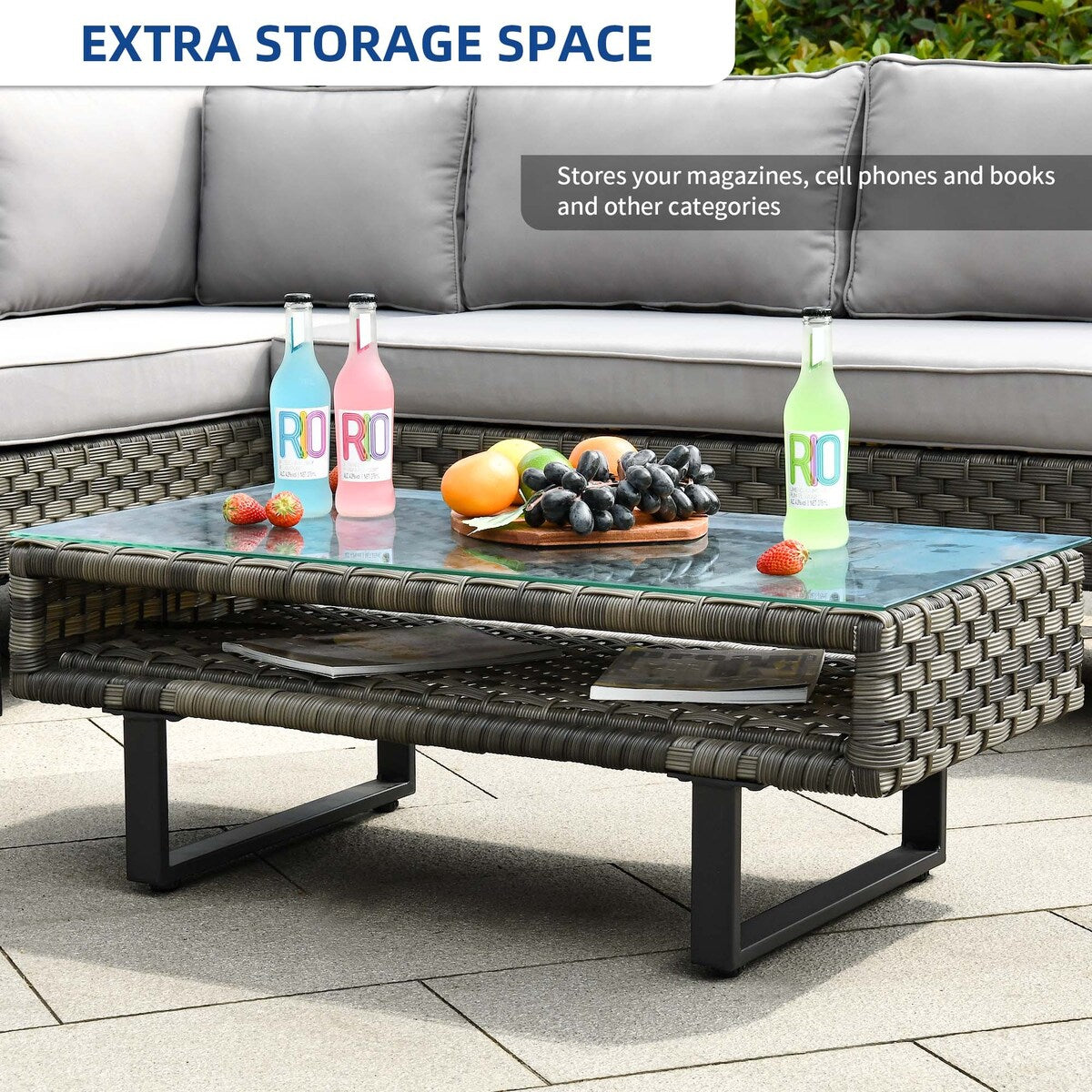 Ensemble de salon de jardin Moasis 4 pièces en rotin synthétique avec canapé sectionnel en L, table basse et coussins