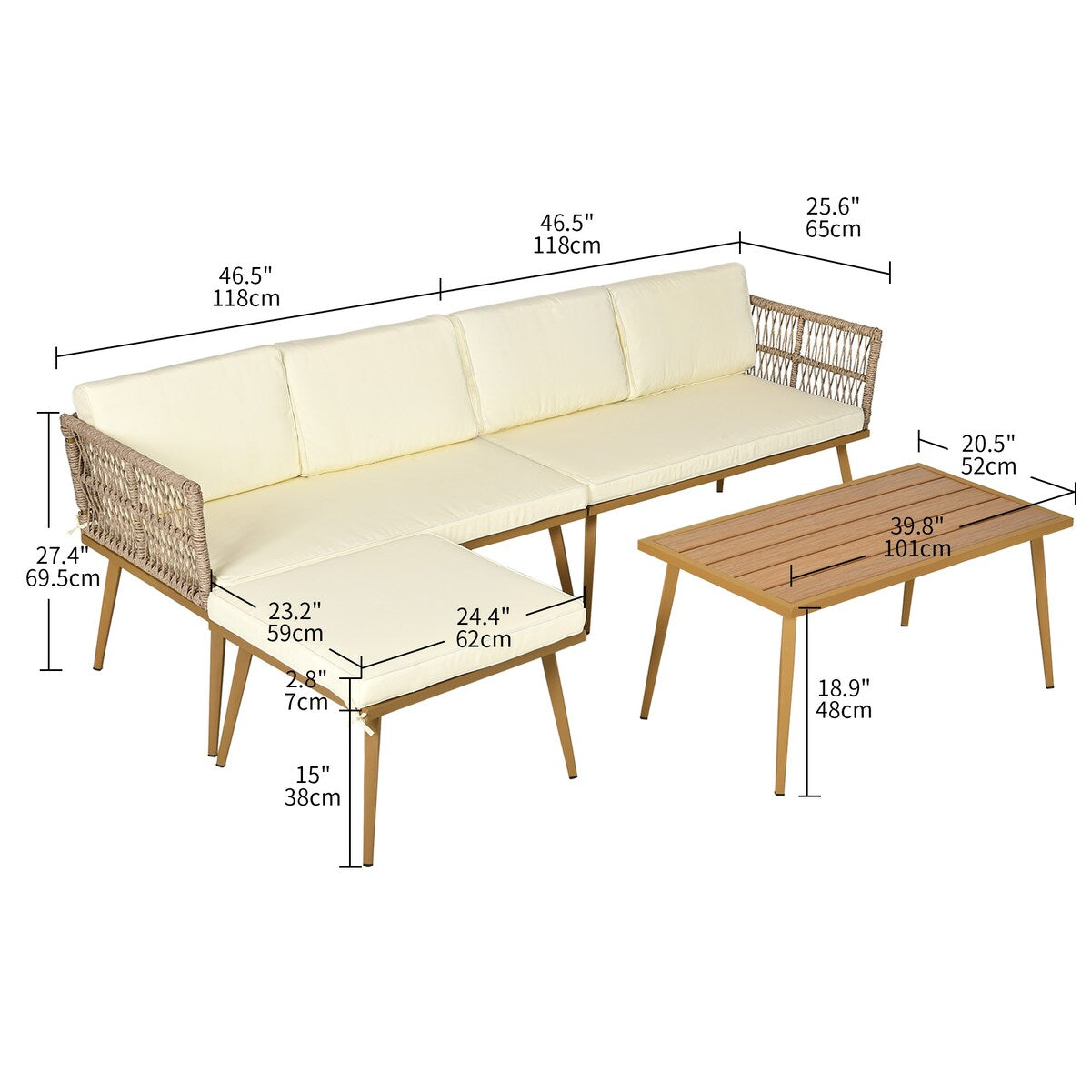 Ensemble de conversation de patio Moasis 4 pièces, canapé sectionnel en L avec coussins et table d'appoint