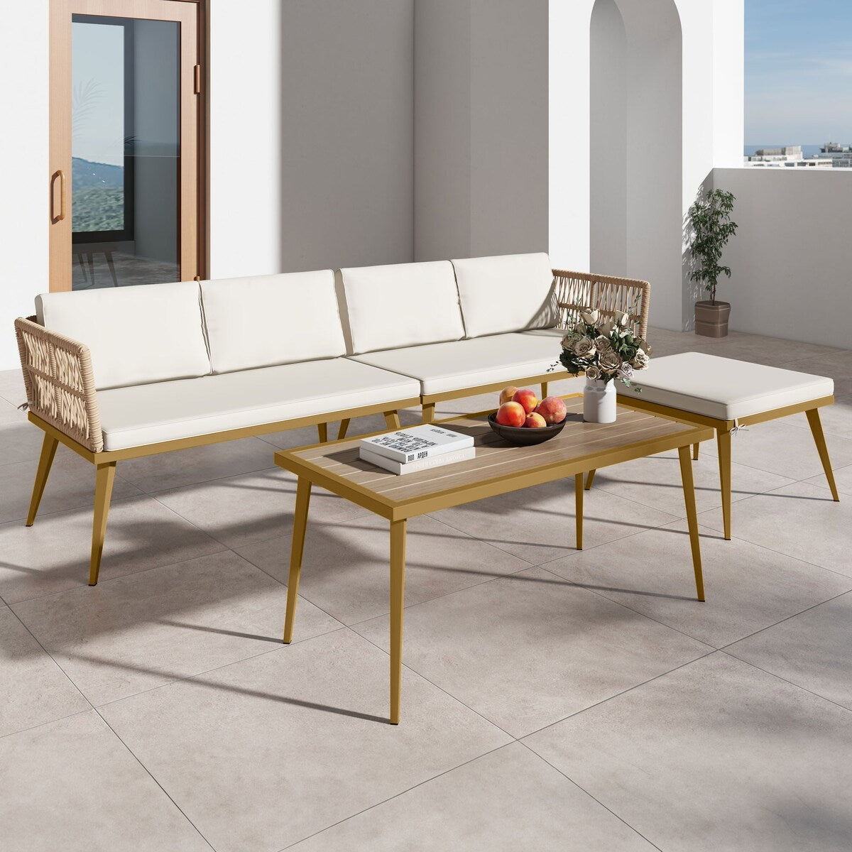 Ensemble de conversation de patio Moasis 4 pièces, canapé sectionnel en L avec coussins et table d'appoint