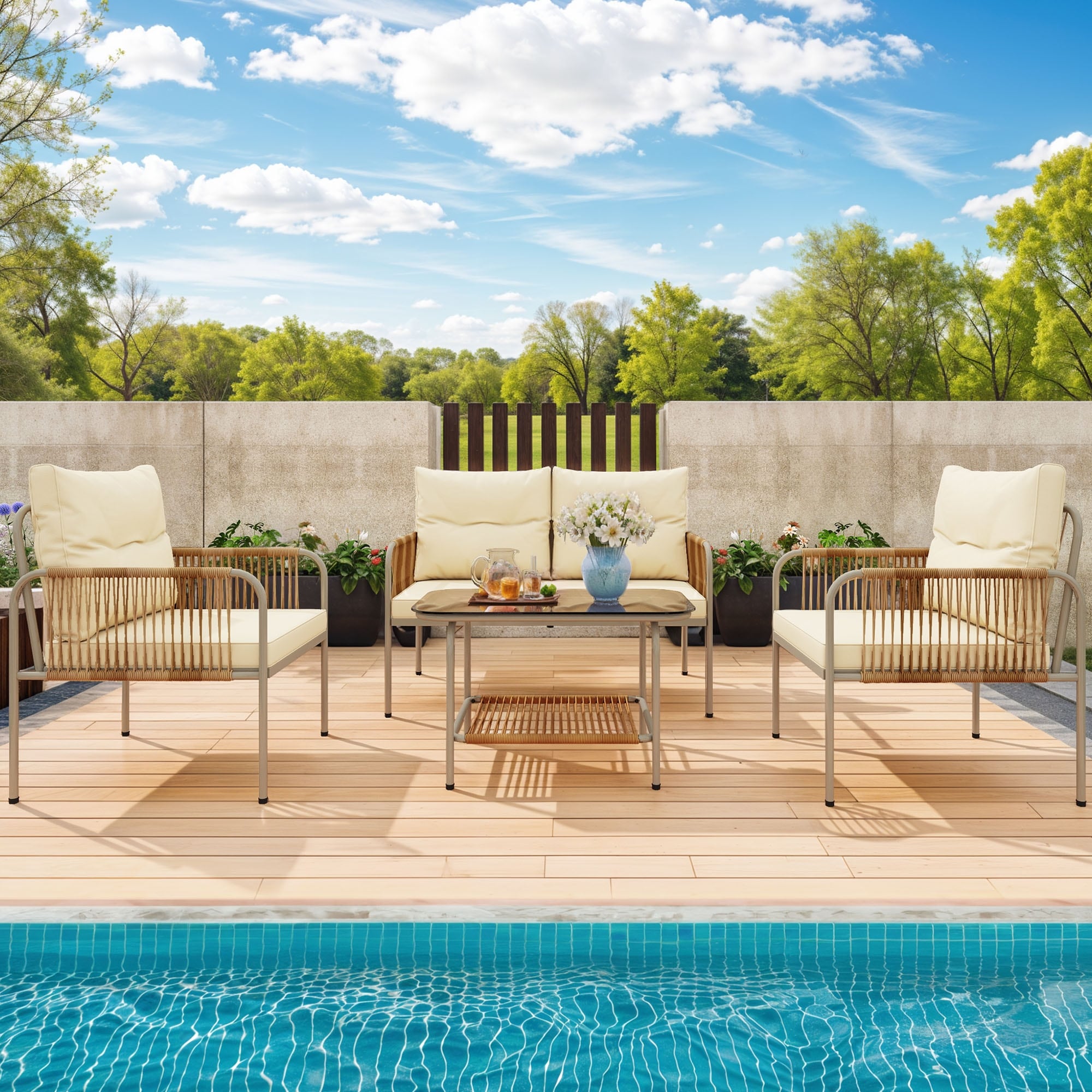 Ensemble de salon de jardin en rotin 4 pièces Moasis avec coussin beige et table basse