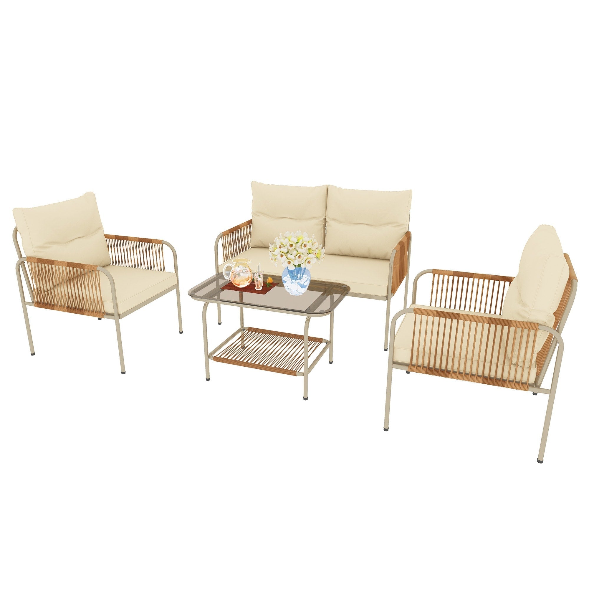 Ensemble de salon de jardin en rotin 4 pièces Moasis avec coussin beige et table basse