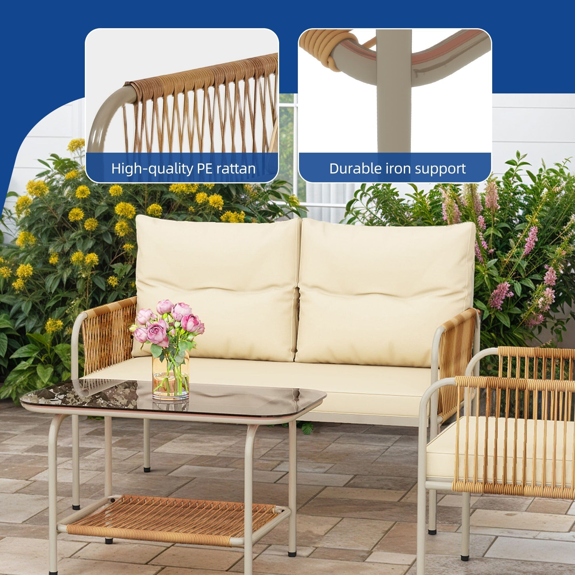Ensemble de salon de jardin en rotin 4 pièces Moasis avec coussin beige et table basse