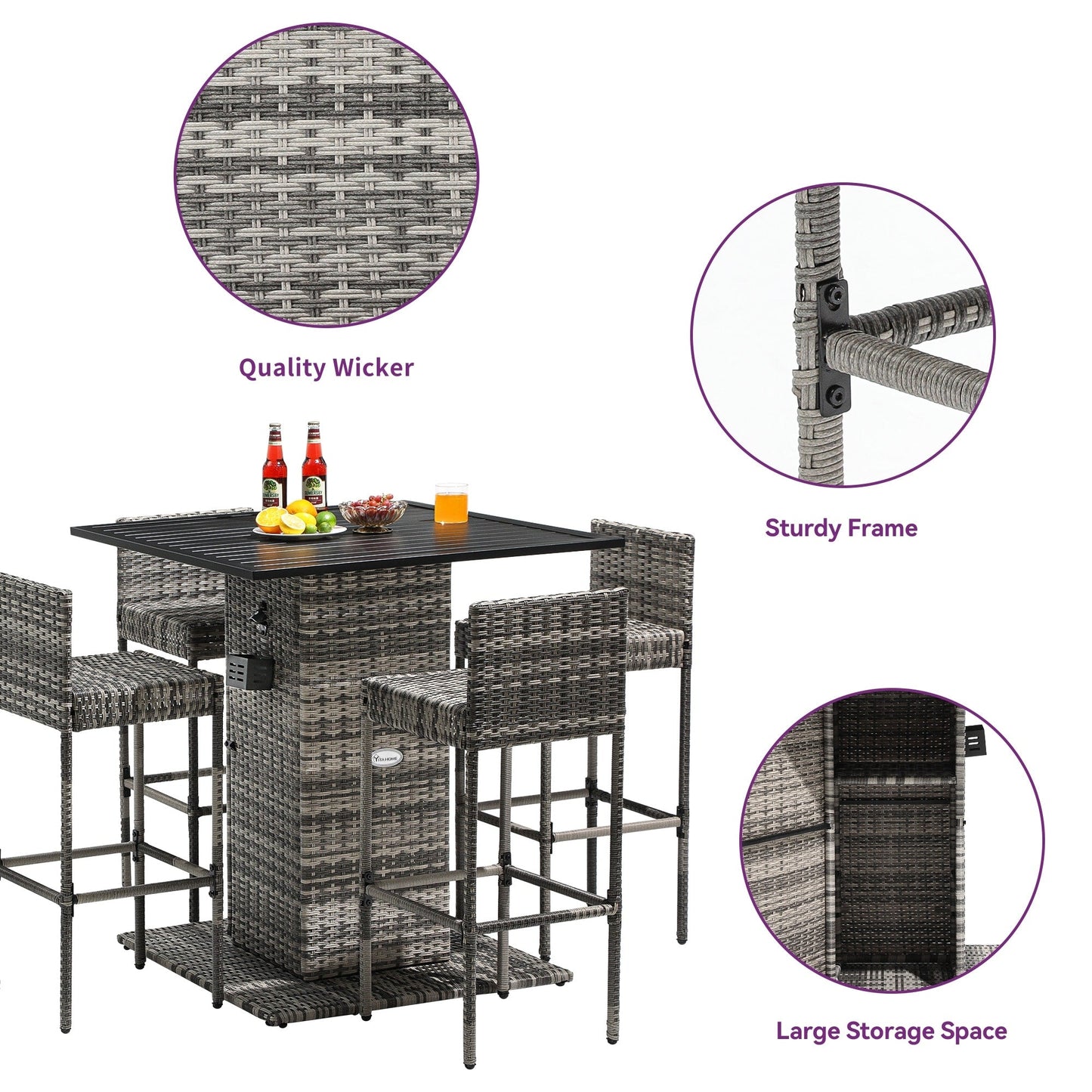 Ensemble de bar en osier 5 pièces pour mobilier d'extérieur Moasis - 5 pièces