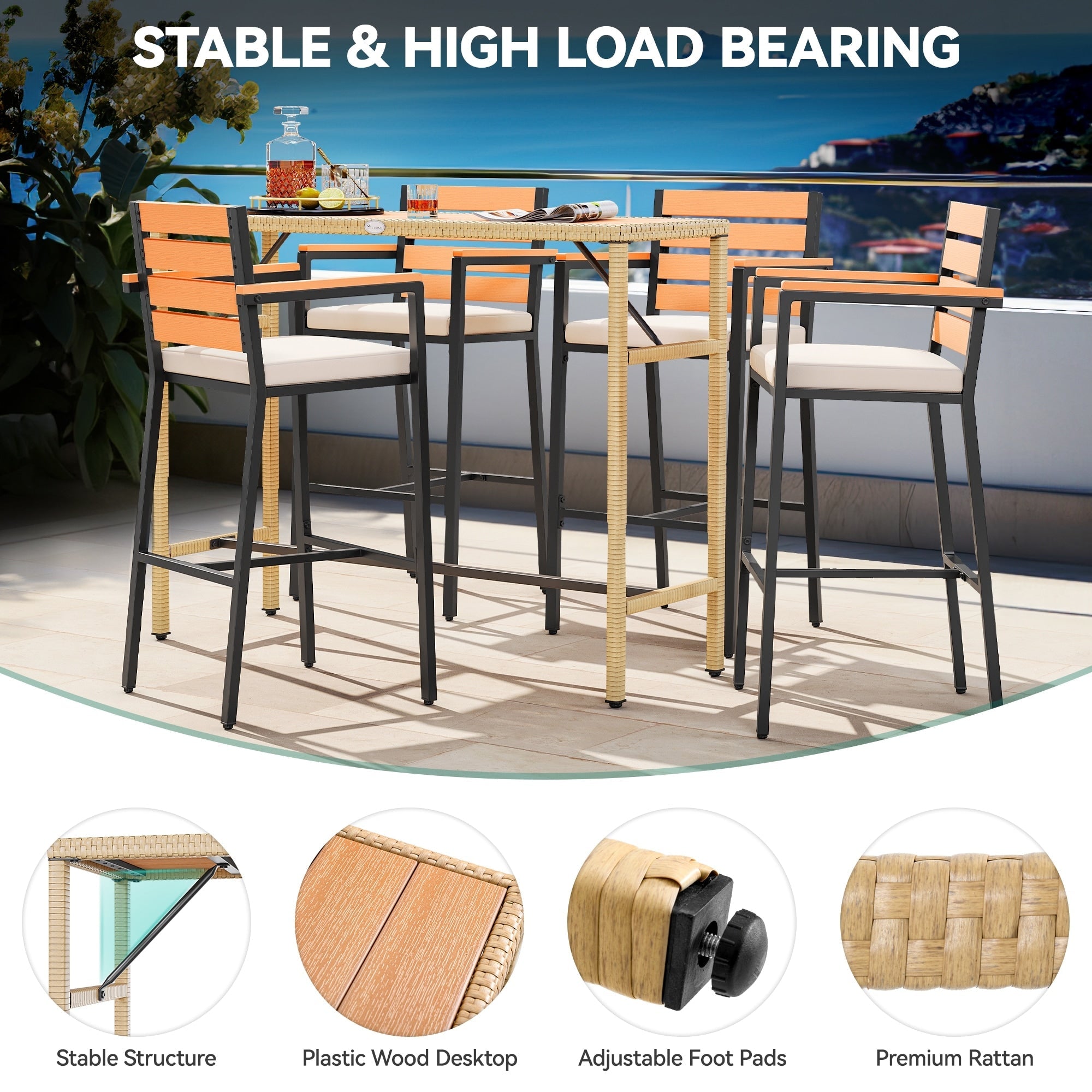 Ensemble de table de bar d'extérieur Moasis 5 pièces, ensemble de meubles de bistrot en osier pour patio extérieur