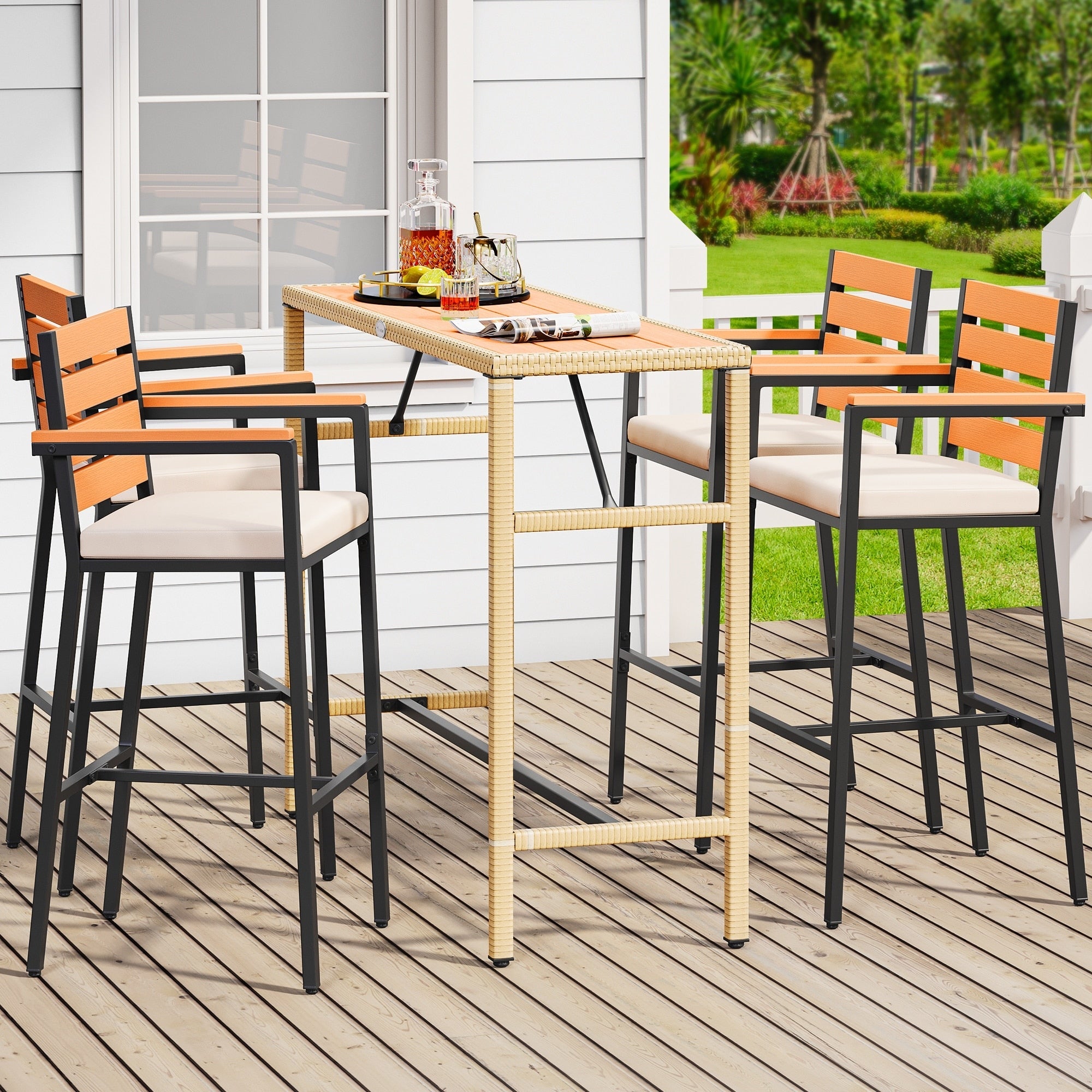 Ensemble de table de bar d'extérieur Moasis 5 pièces, ensemble de meubles de bistrot en osier pour patio extérieur