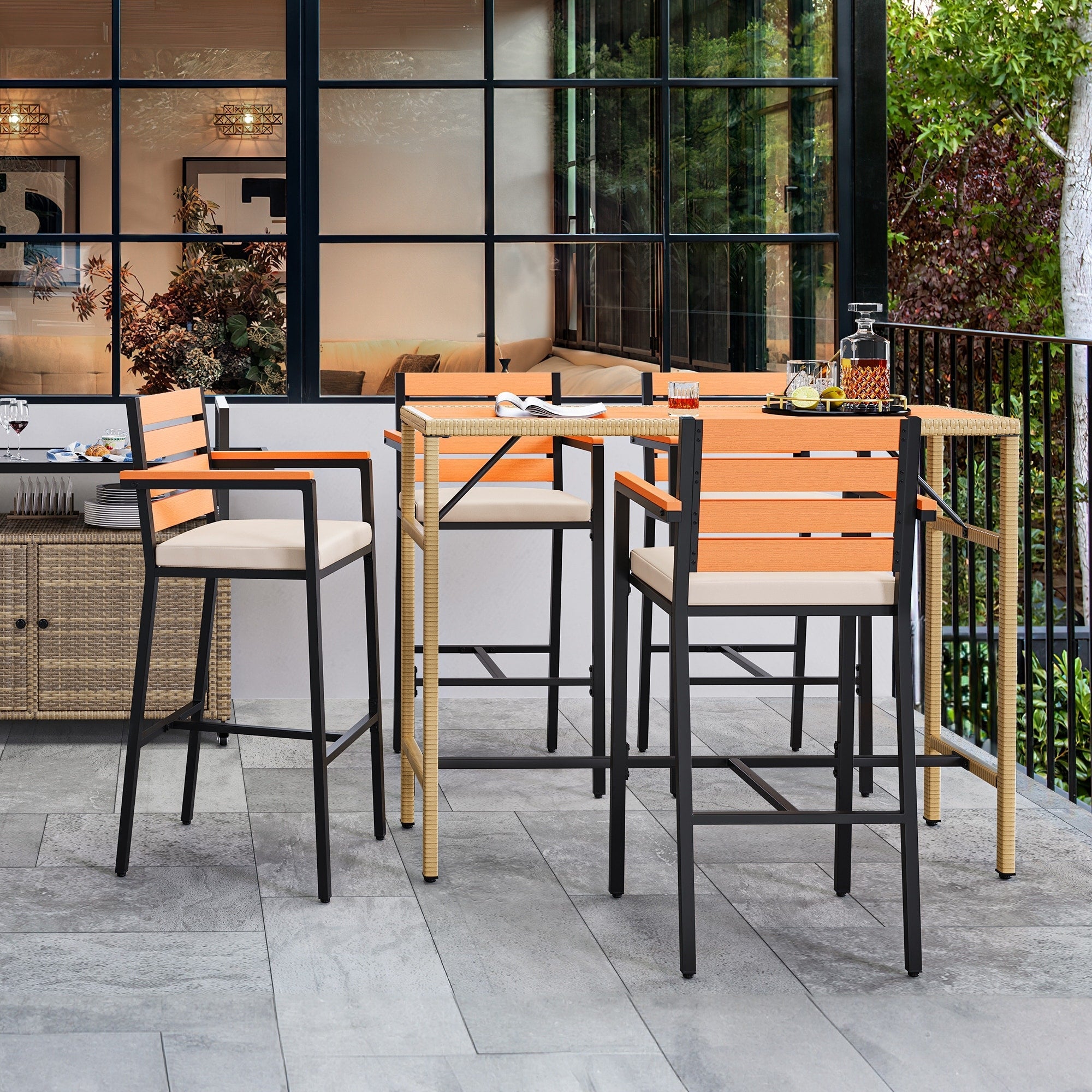 Ensemble de table de bar d'extérieur Moasis 5 pièces, ensemble de meubles de bistrot en osier pour patio extérieur