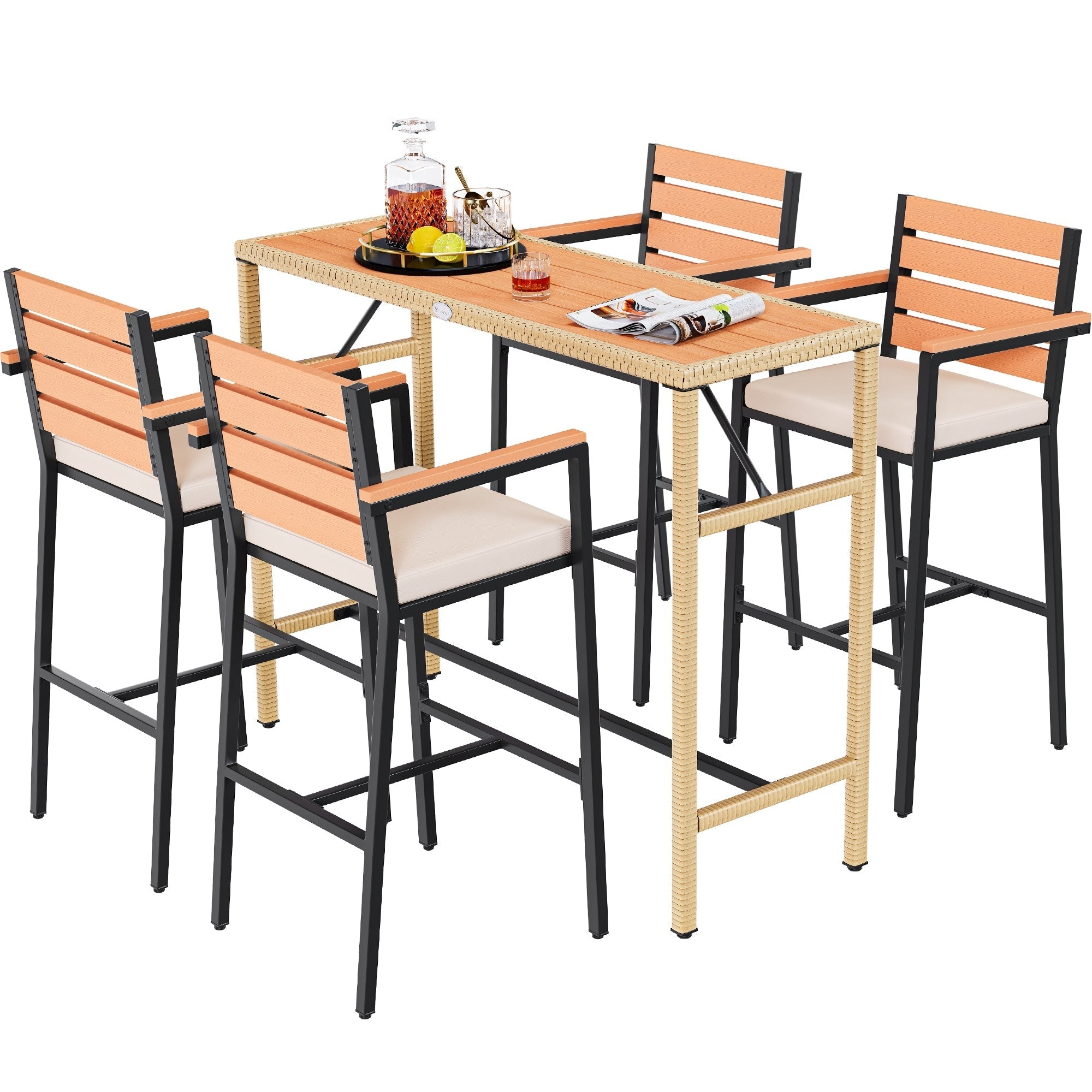 Ensemble de table de bar d'extérieur Moasis 5 pièces, ensemble de meubles de bistrot en osier pour patio extérieur