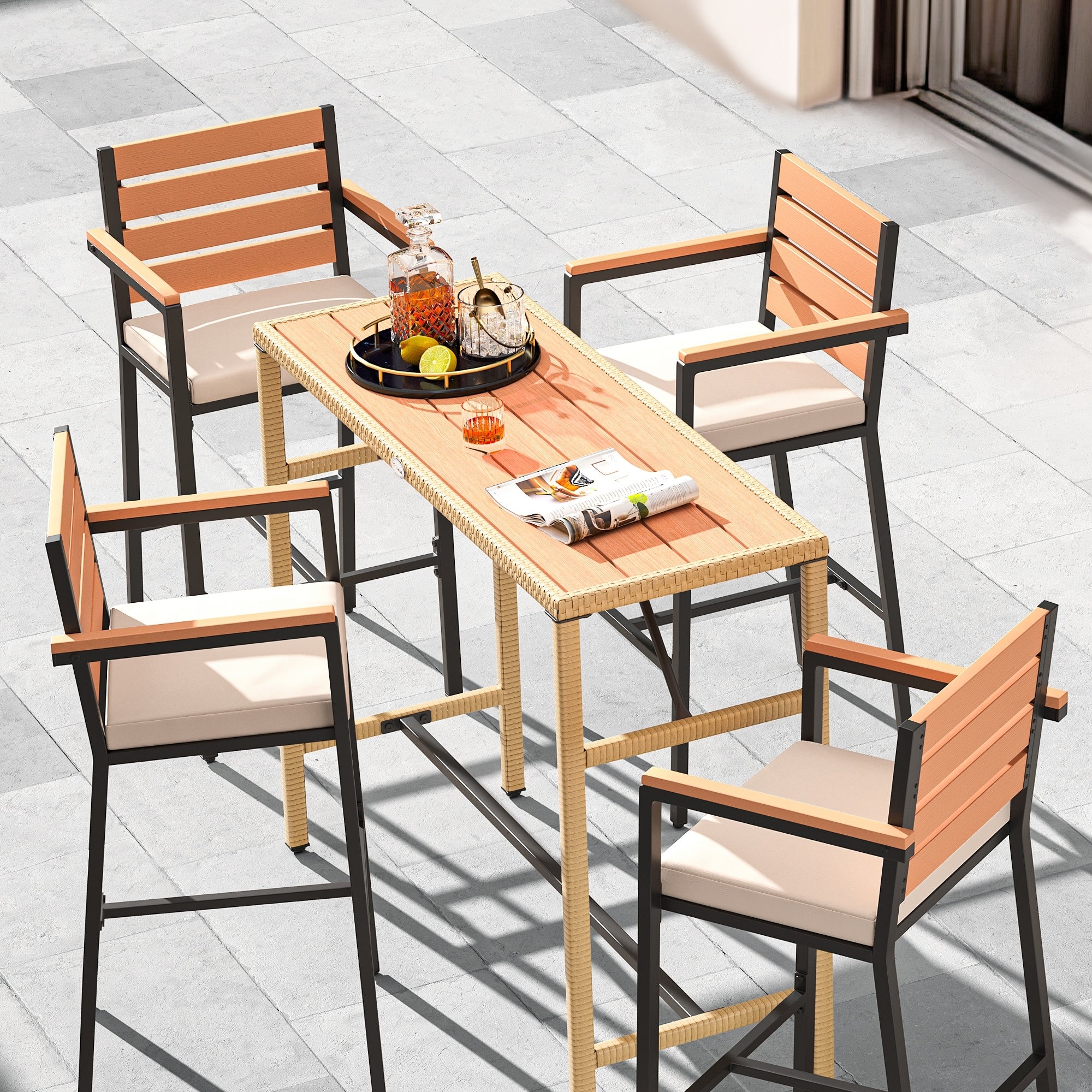 Ensemble de table de bar d'extérieur Moasis 5 pièces, ensemble de meubles de bistrot en osier pour patio extérieur