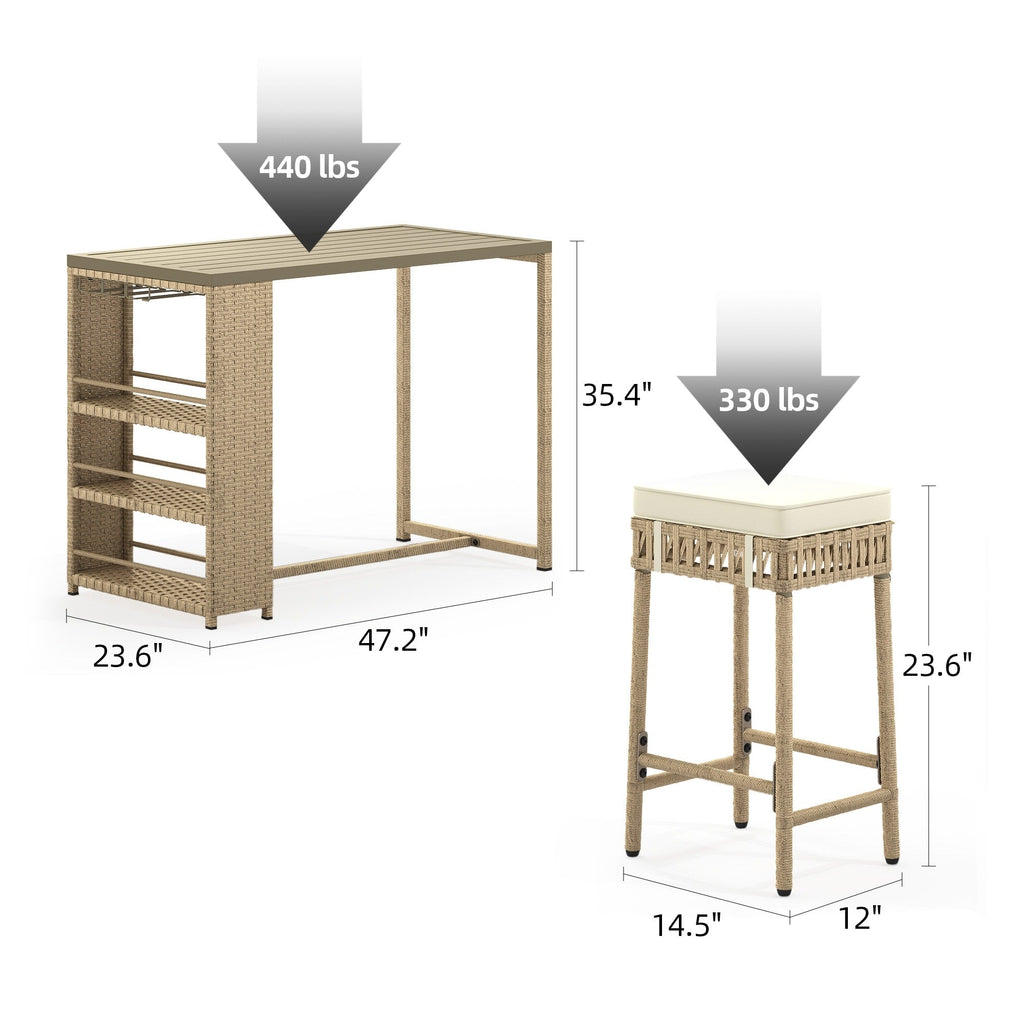 Ensemble de bar en rotin et osier Moasis 5 pièces, mobilier de salle à manger de patio avec porte-verres à vin et 4 tabourets de bar rembourrés