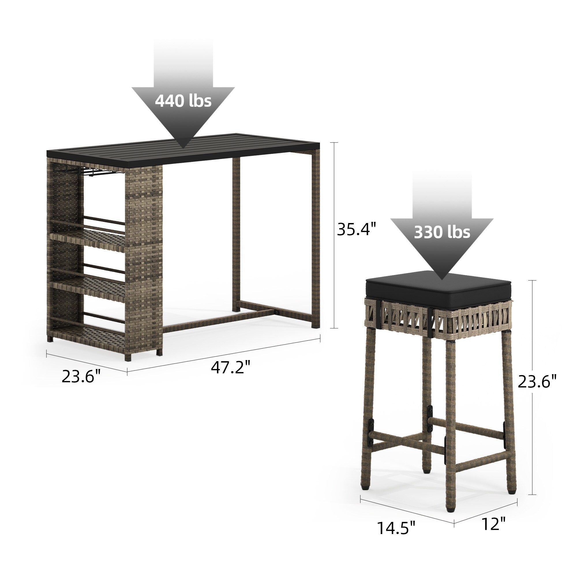 Ensemble de bar en rotin et osier Moasis 5 pièces, mobilier de salle à manger de patio avec porte-verres à vin et 4 tabourets de bar rembourrés