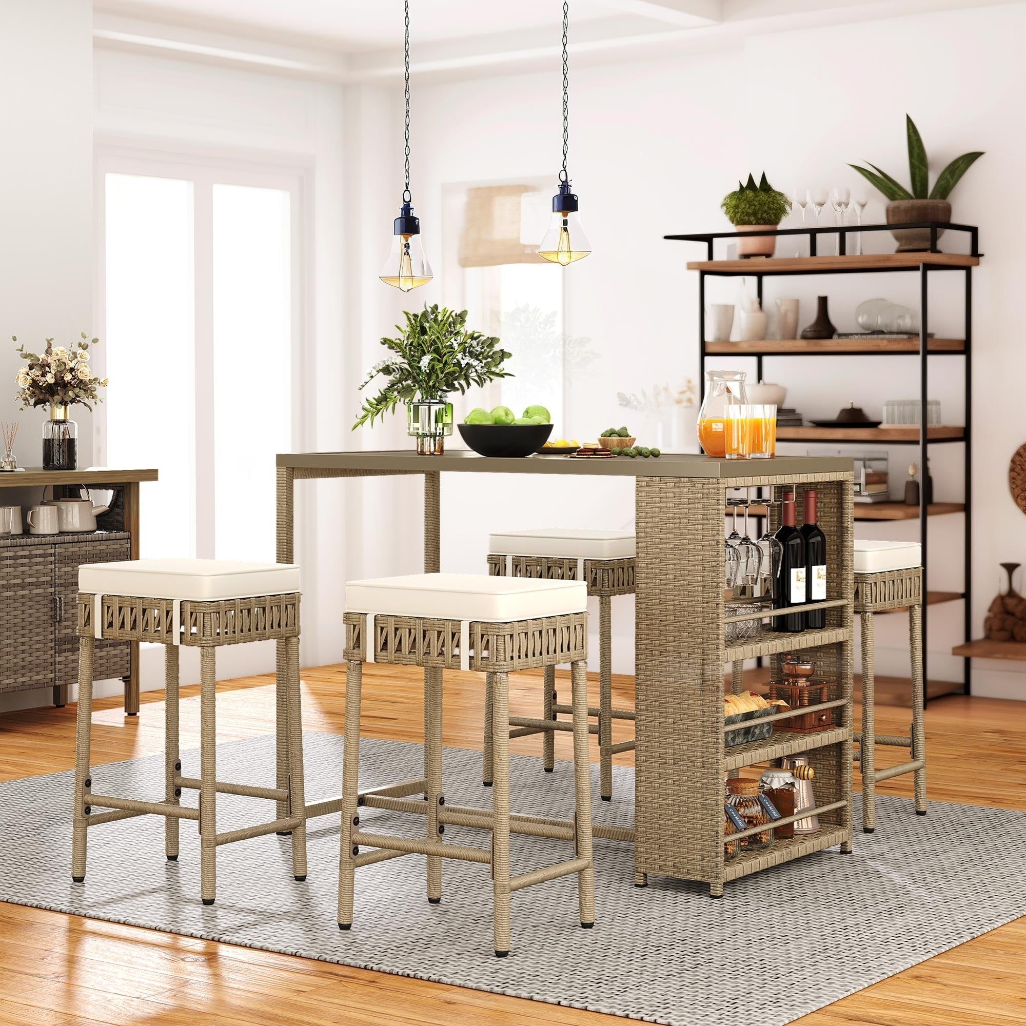 Ensemble de bar en rotin et osier Moasis 5 pièces, mobilier de salle à manger de patio avec porte-verres à vin et 4 tabourets de bar rembourrés
