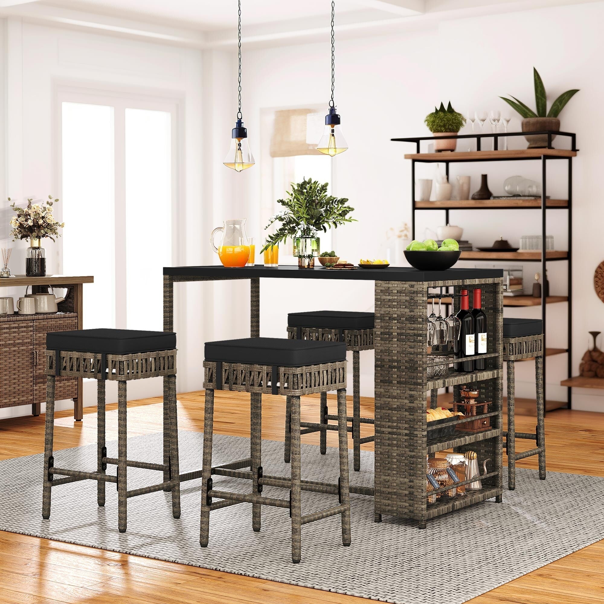 Ensemble de bar en rotin et osier Moasis 5 pièces, mobilier de salle à manger de patio avec porte-verres à vin et 4 tabourets de bar rembourrés