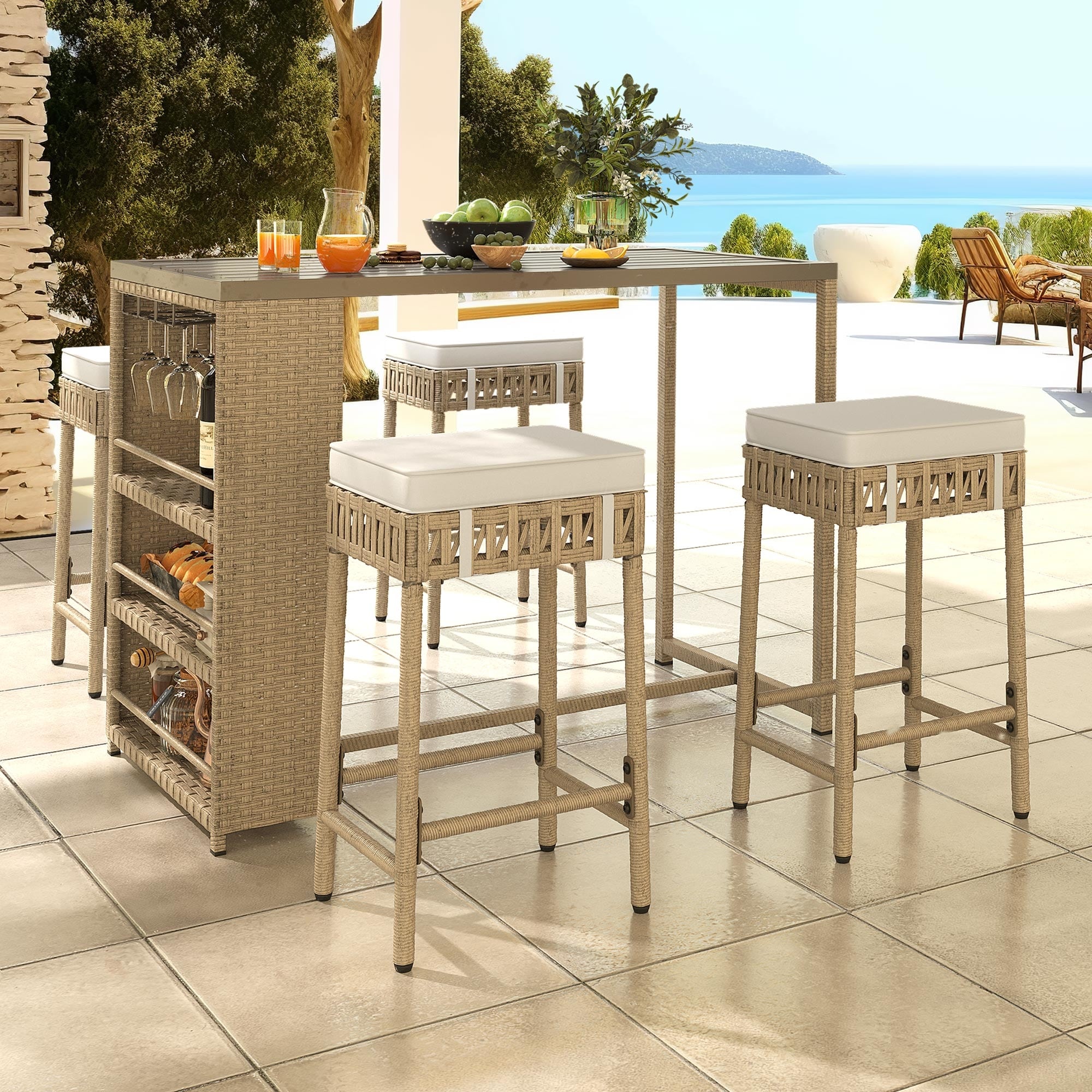 Ensemble de bar en rotin et osier Moasis 5 pièces, mobilier de salle à manger de patio avec porte-verres à vin et 4 tabourets de bar rembourrés