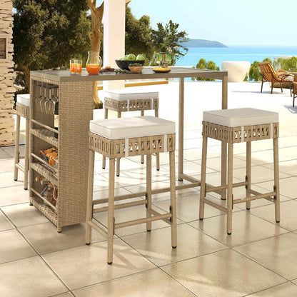 Ensemble de bar en rotin et osier Moasis 5 pièces, mobilier de salle à manger de patio avec porte-verres à vin et 4 tabourets de bar rembourrés