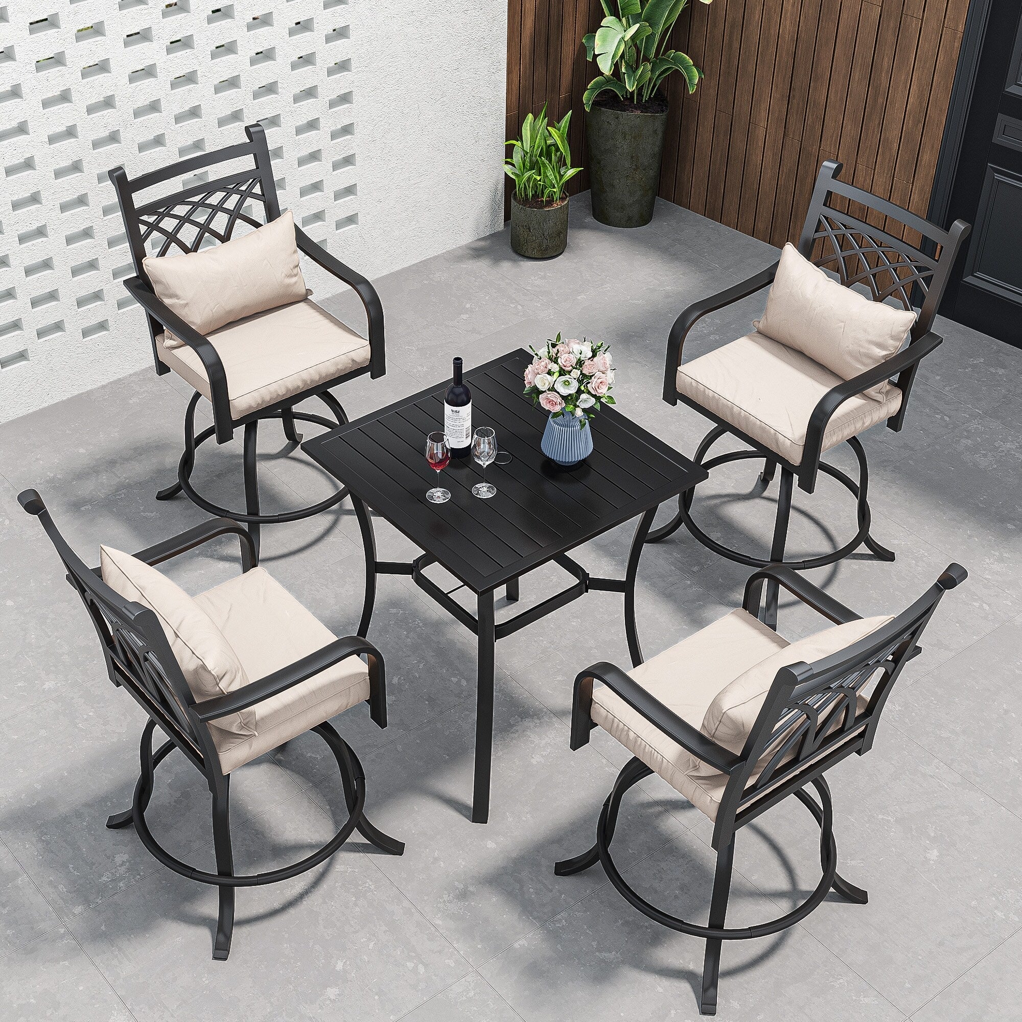 Ensemble de salle à manger d'extérieur pivotant avec chaises coussinées de 29 W et table de patio