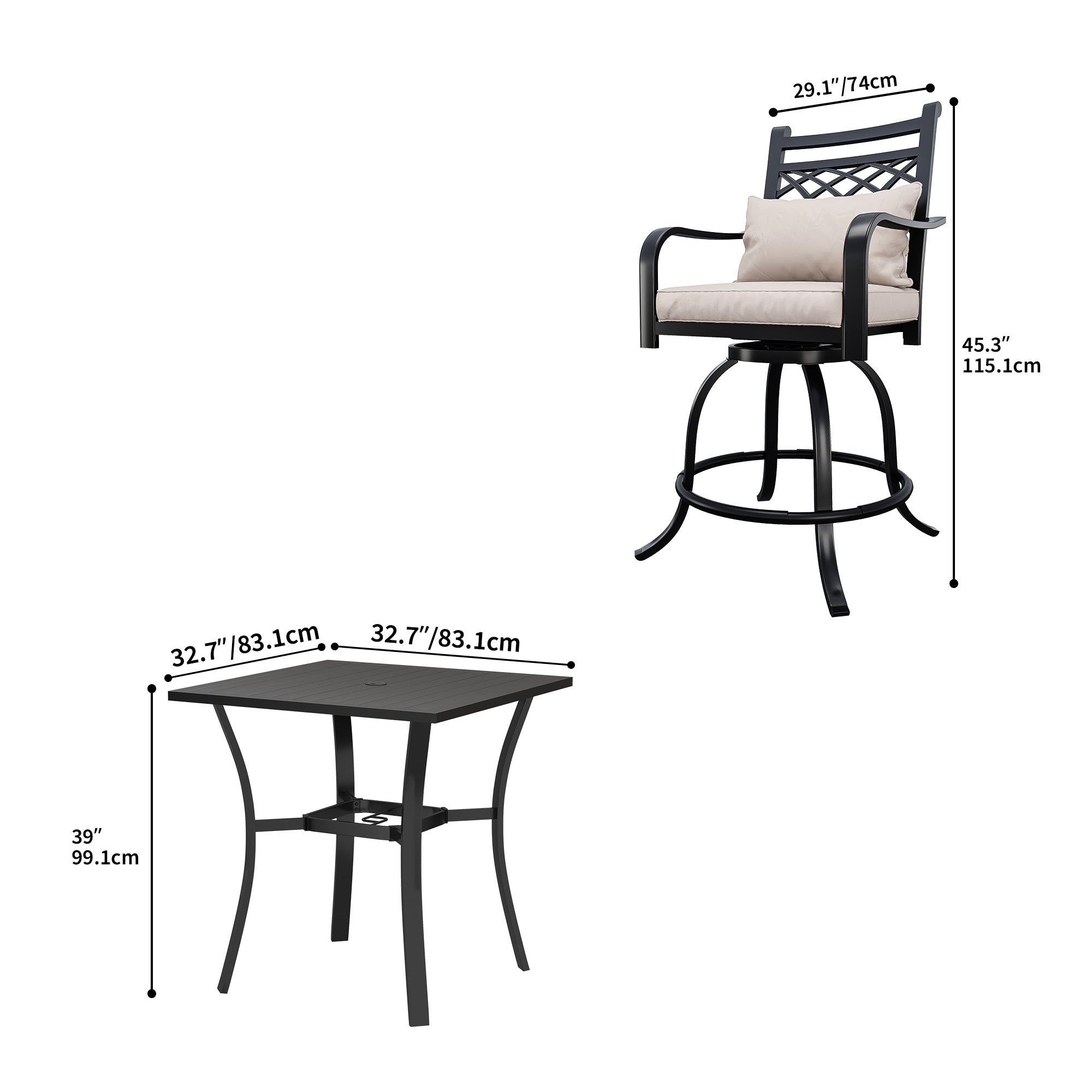 Ensemble de salle à manger d'extérieur pivotant avec chaises coussinées de 29 W et table de patio