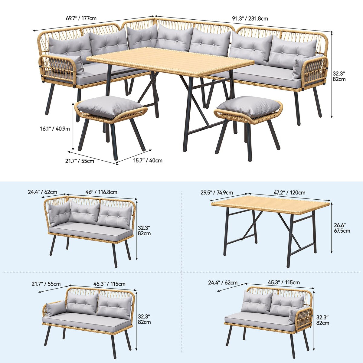 Ensemble de 6 meubles de patio en osier Moasis