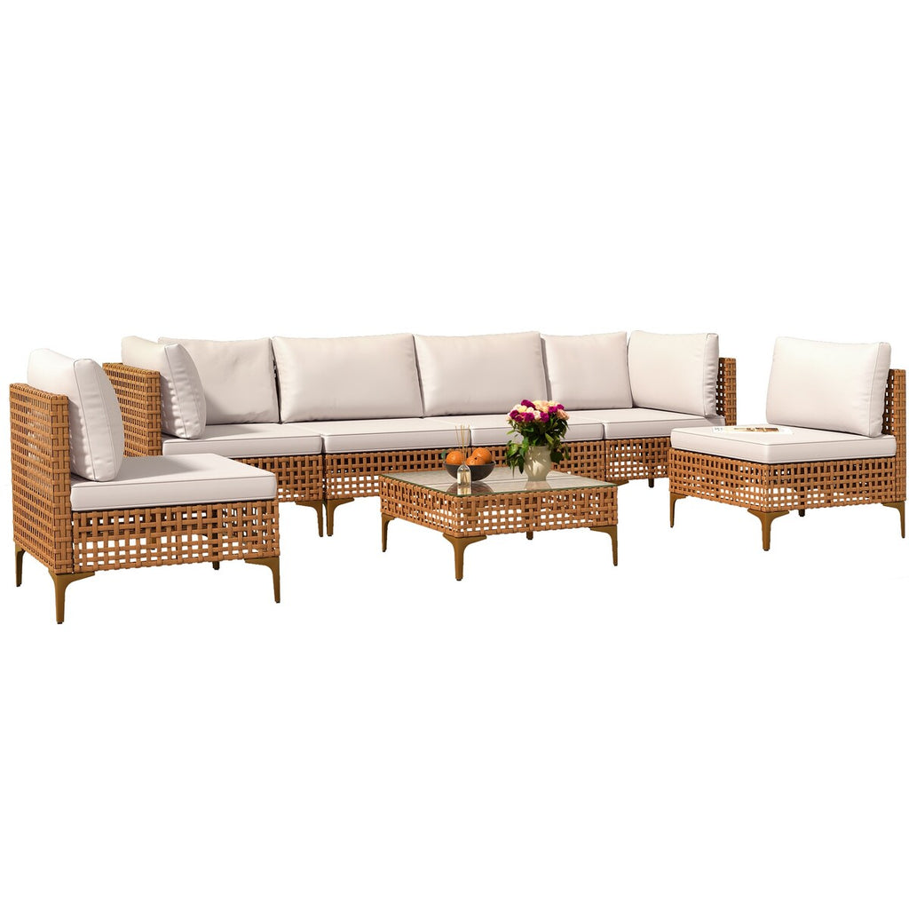 Ensemble de meubles de jardin Moasis 7 pièces en osier PE avec table basse et coussins