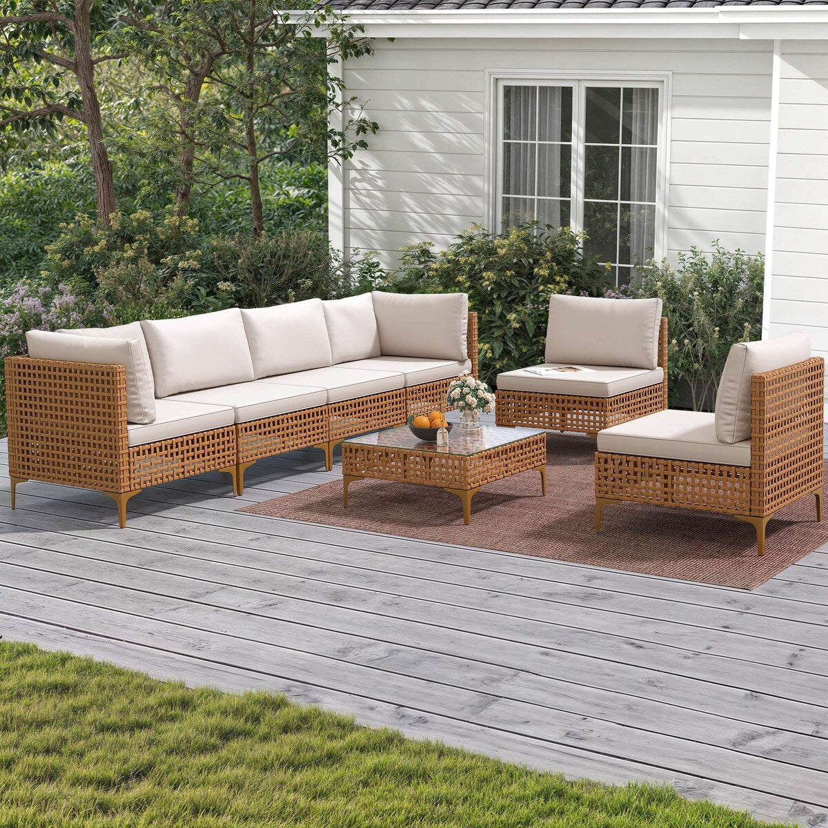 Ensemble de meubles de jardin Moasis 7 pièces en osier PE avec table basse et coussins