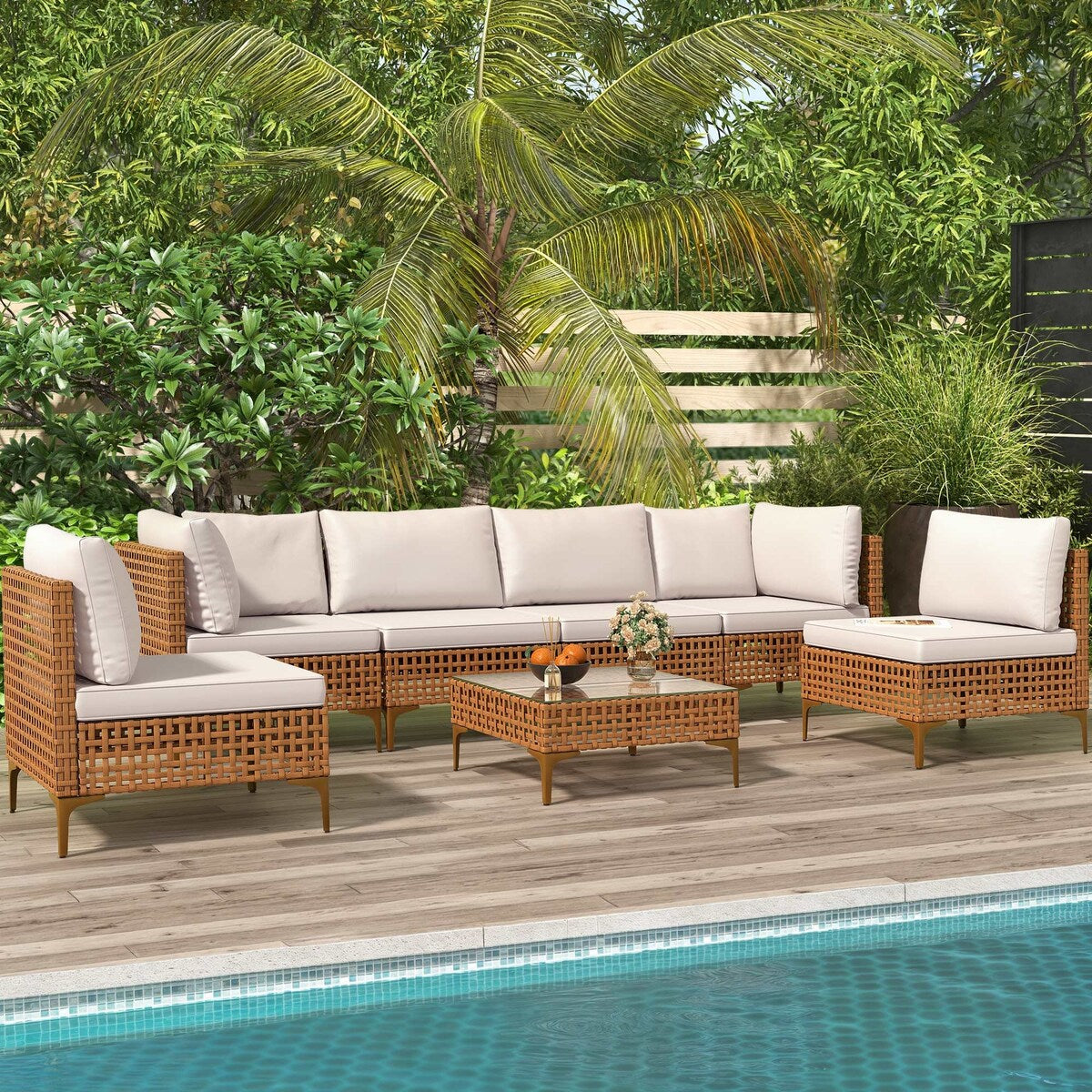 Ensemble de meubles de jardin Moasis 7 pièces en osier PE avec table basse et coussins
