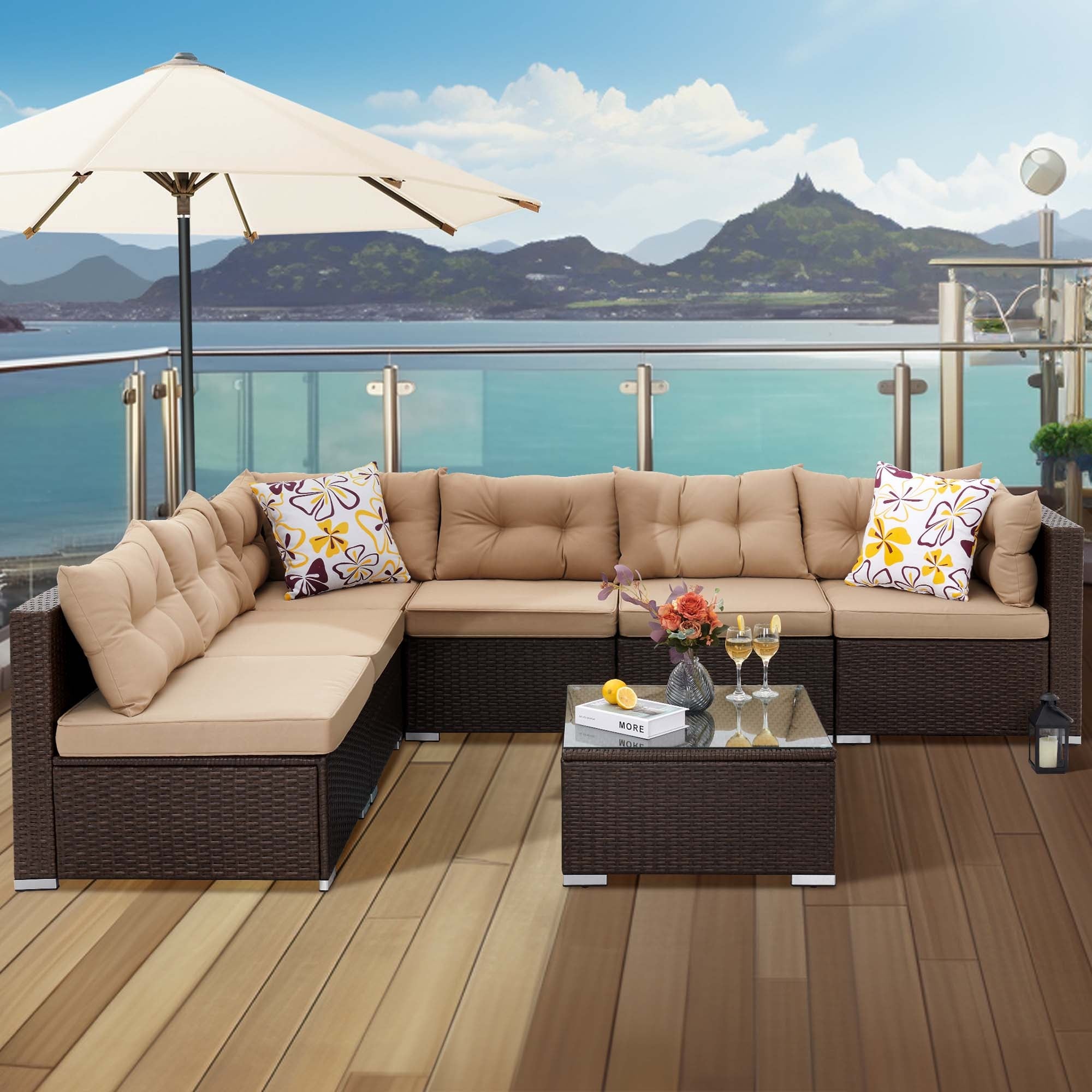 Ensemble de salon de jardin 7 pièces en osier avec canapé sectionnel et table basse et coussins Moasis