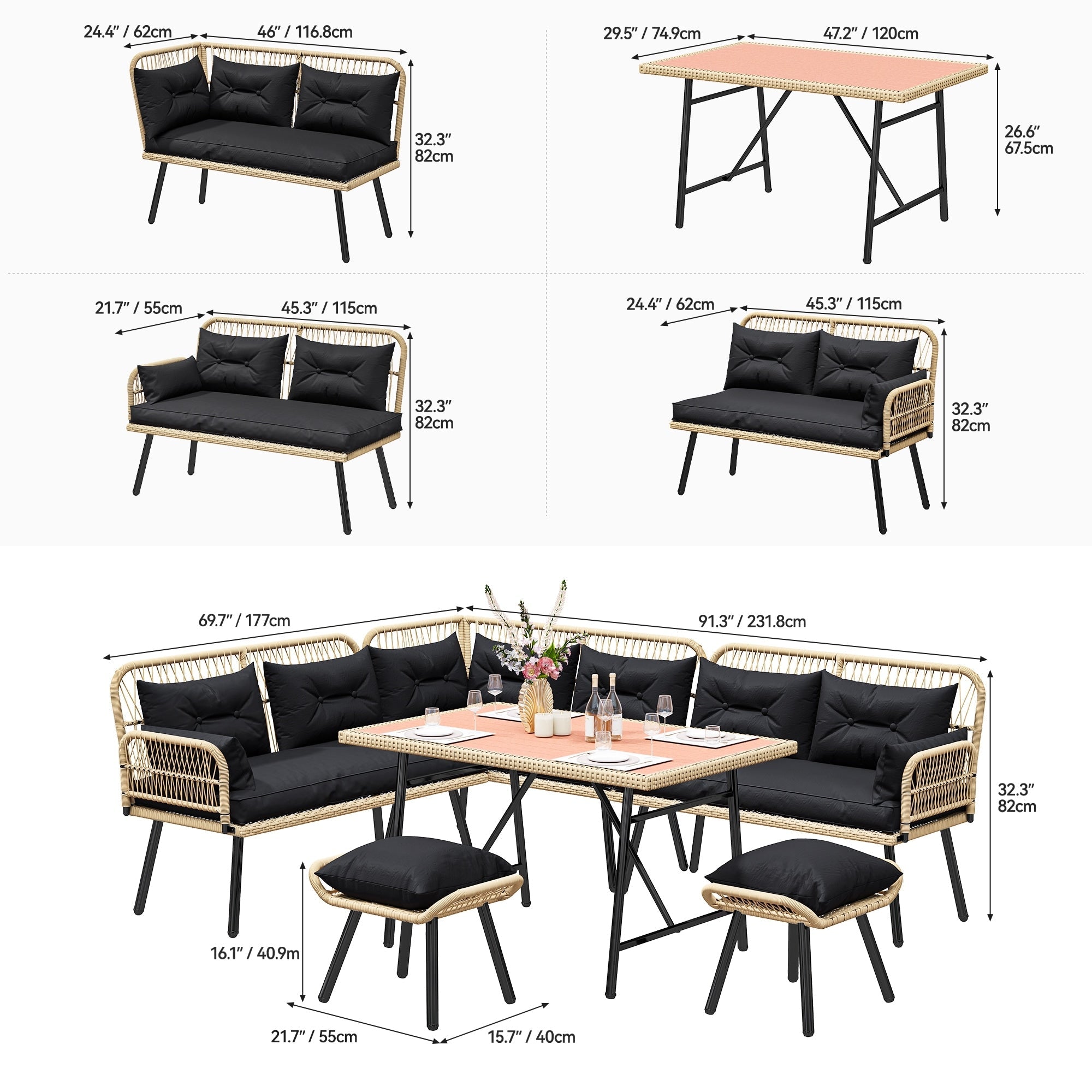 Ensemble de 6 meubles de patio en osier noir Moasis