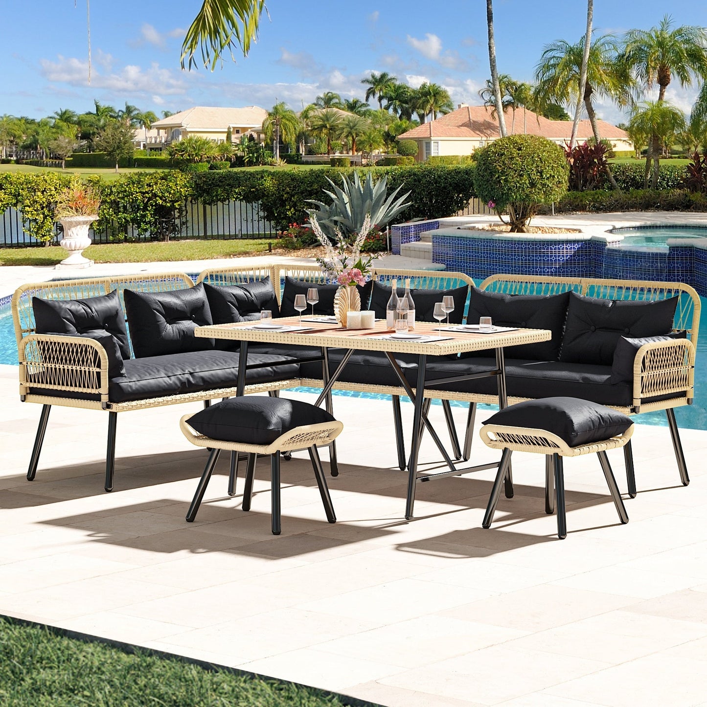 Ensemble de 6 meubles de patio en osier noir Moasis
