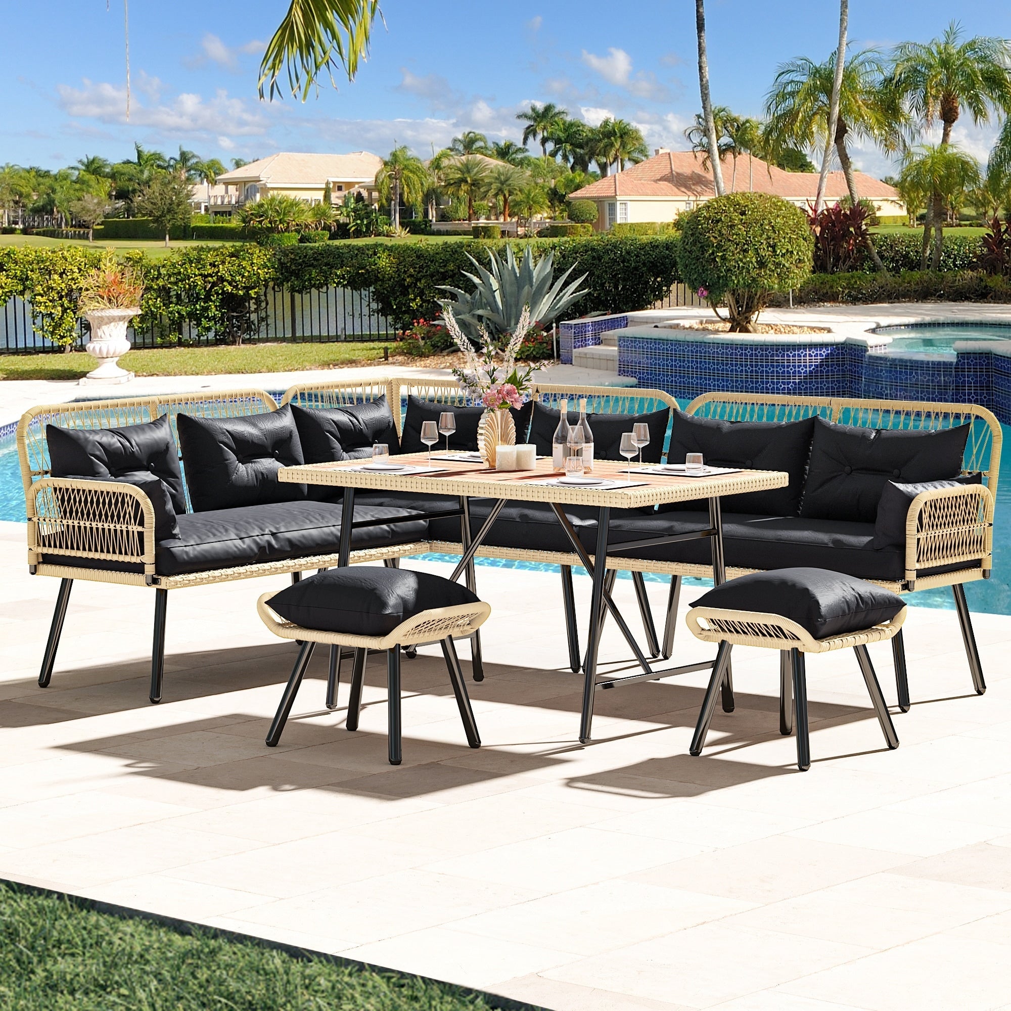 Ensemble de 6 meubles de patio en osier noir Moasis