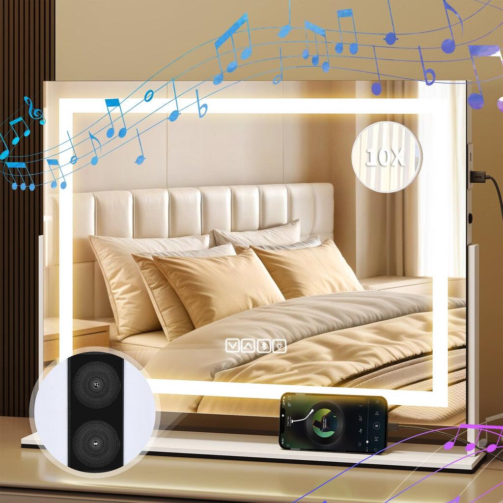 Miroir de maquillage Moasis avec éclairage LED, port de chargement USB, grossissement x10, haut-parleur Bluetooth