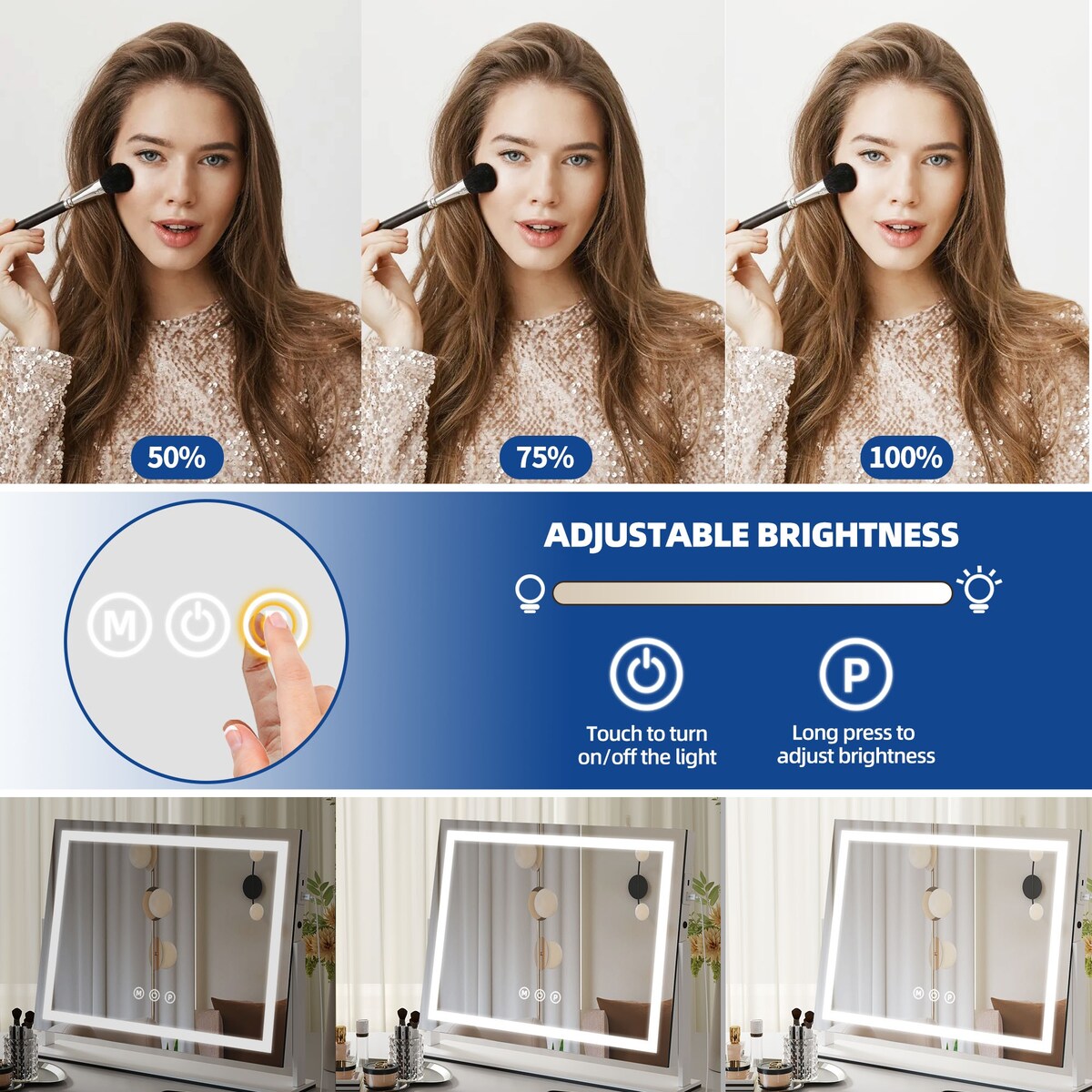 Miroir de maquillage Moasis avec éclairage LED, port de chargement USB, grossissement x10, haut-parleur Bluetooth