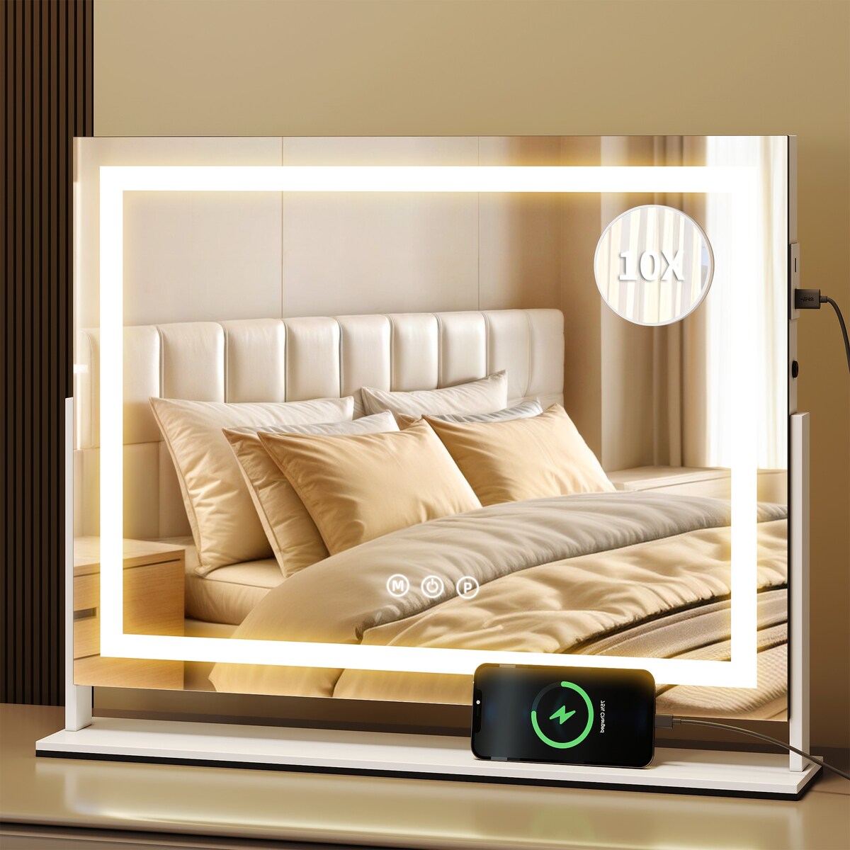 Miroir de maquillage Moasis avec éclairage LED, port de chargement USB, grossissement x10, haut-parleur Bluetooth