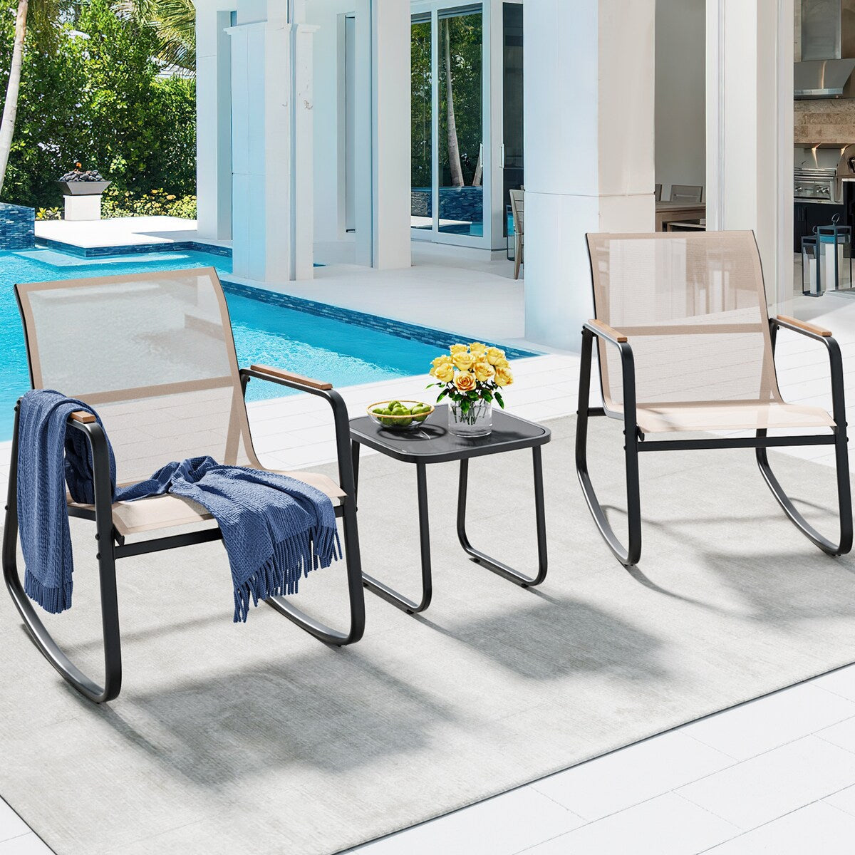 Ensemble de 3 chaises à bascule d'extérieur Moasis avec table d'appoint