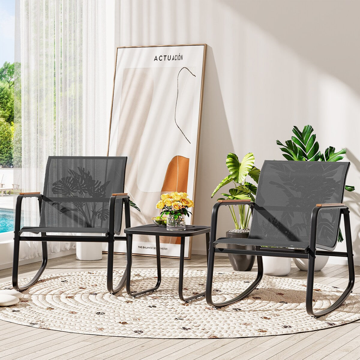 Ensemble de 3 chaises à bascule d'extérieur Moasis avec table d'appoint