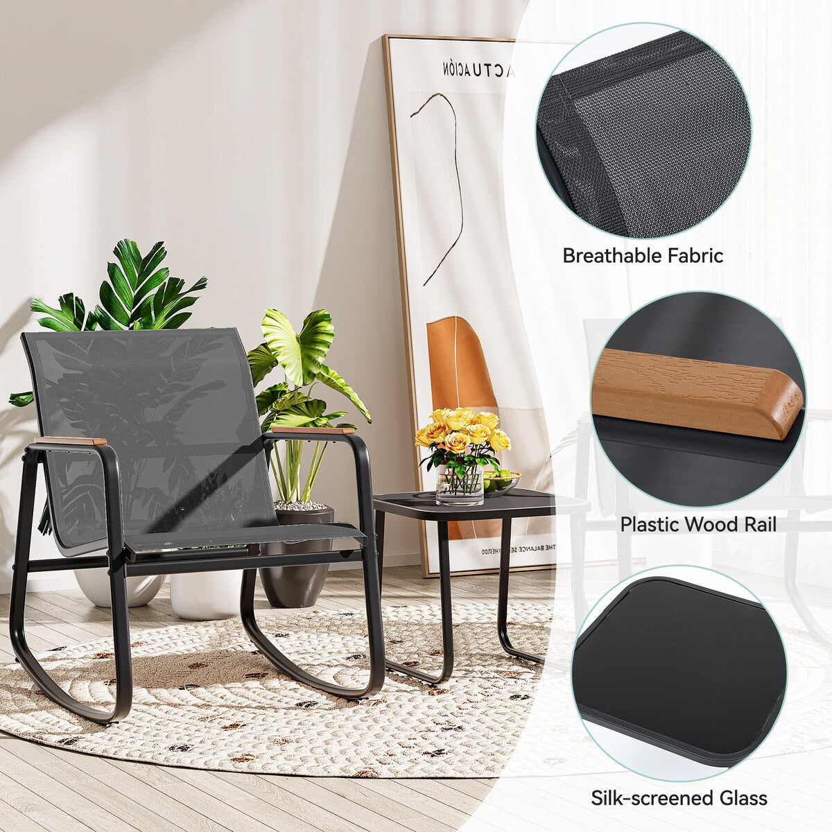 Ensemble de 3 chaises à bascule d'extérieur Moasis avec table d'appoint