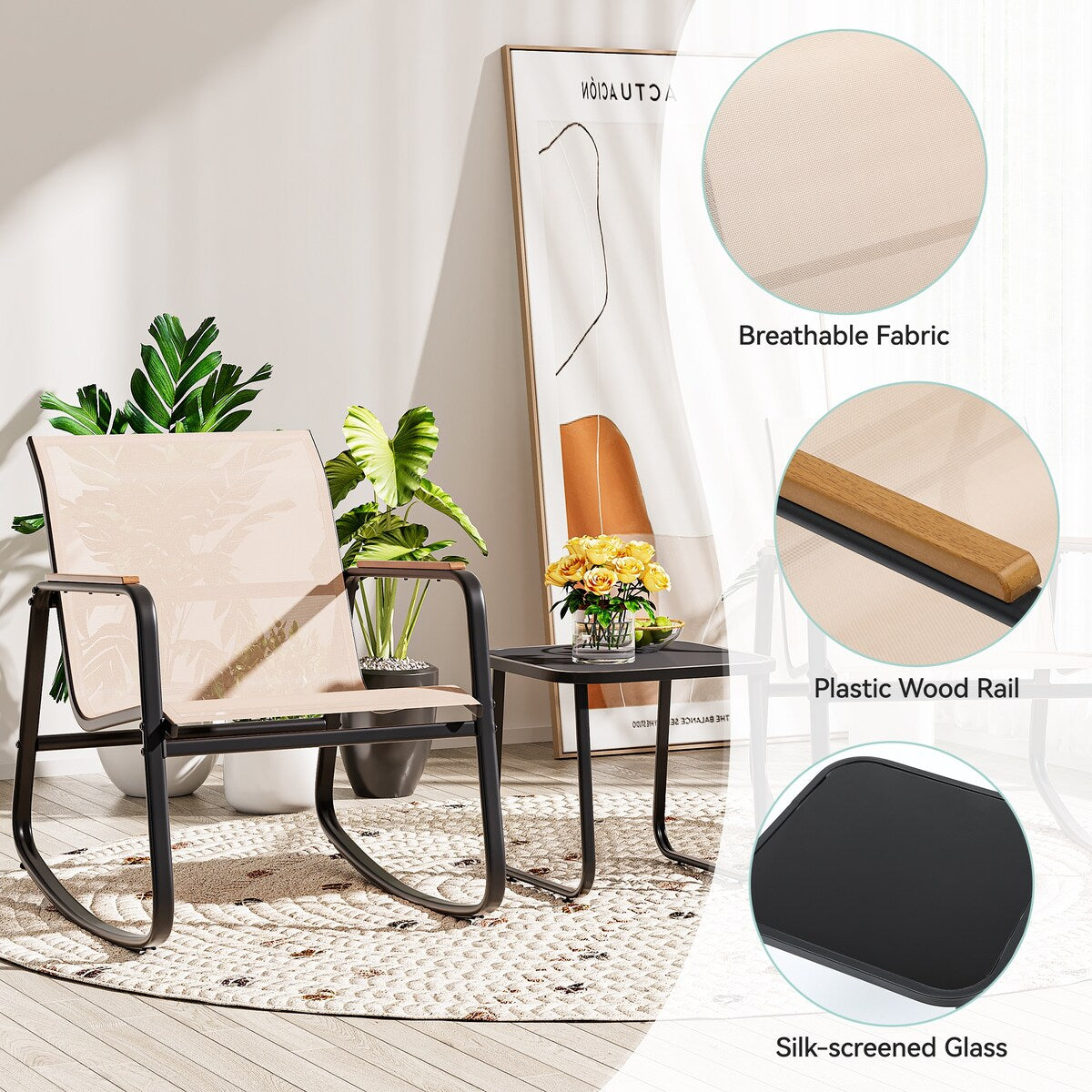 Ensemble de 3 chaises à bascule d'extérieur Moasis avec table d'appoint