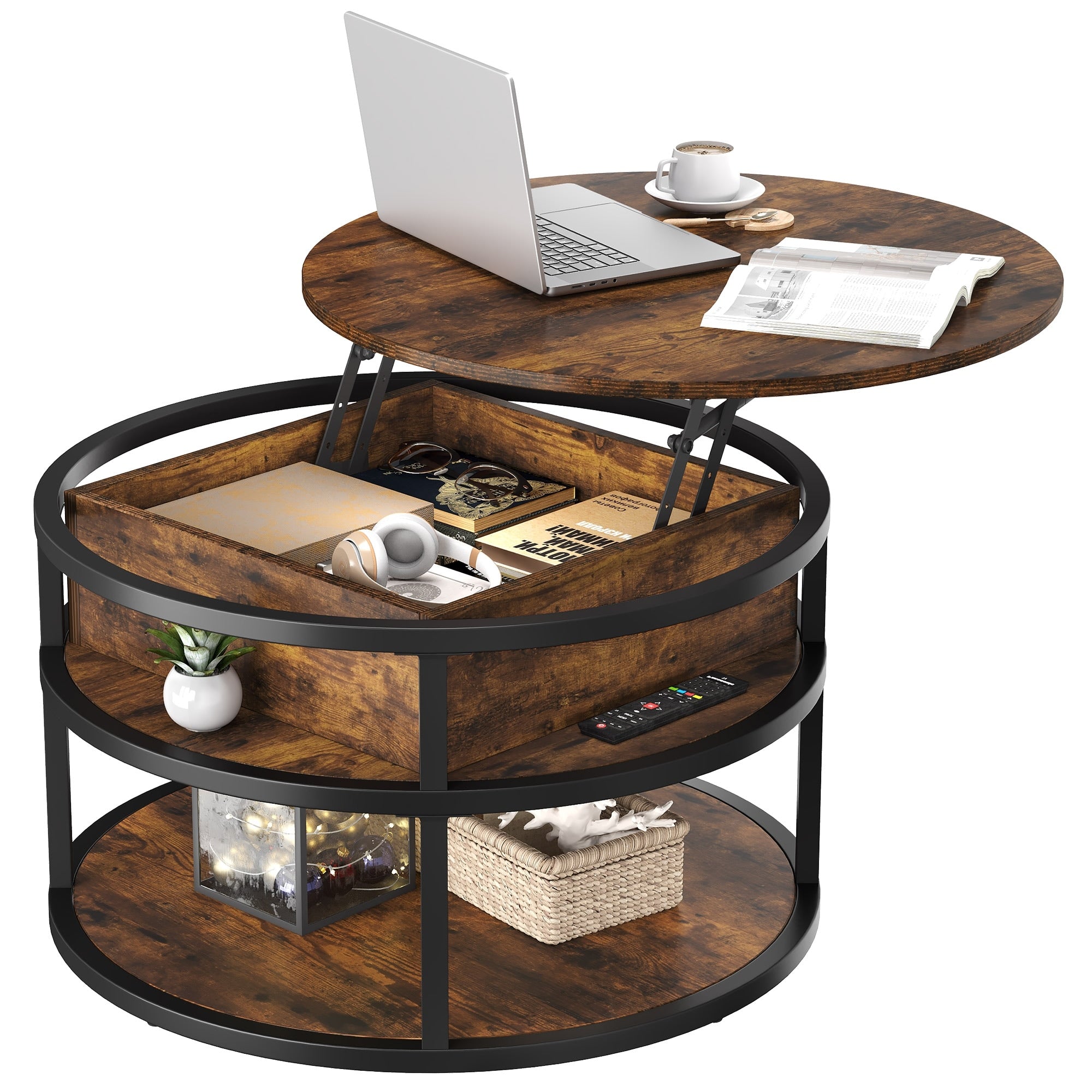 Table basse ronde relevable Moasis avec rangement dissimulé