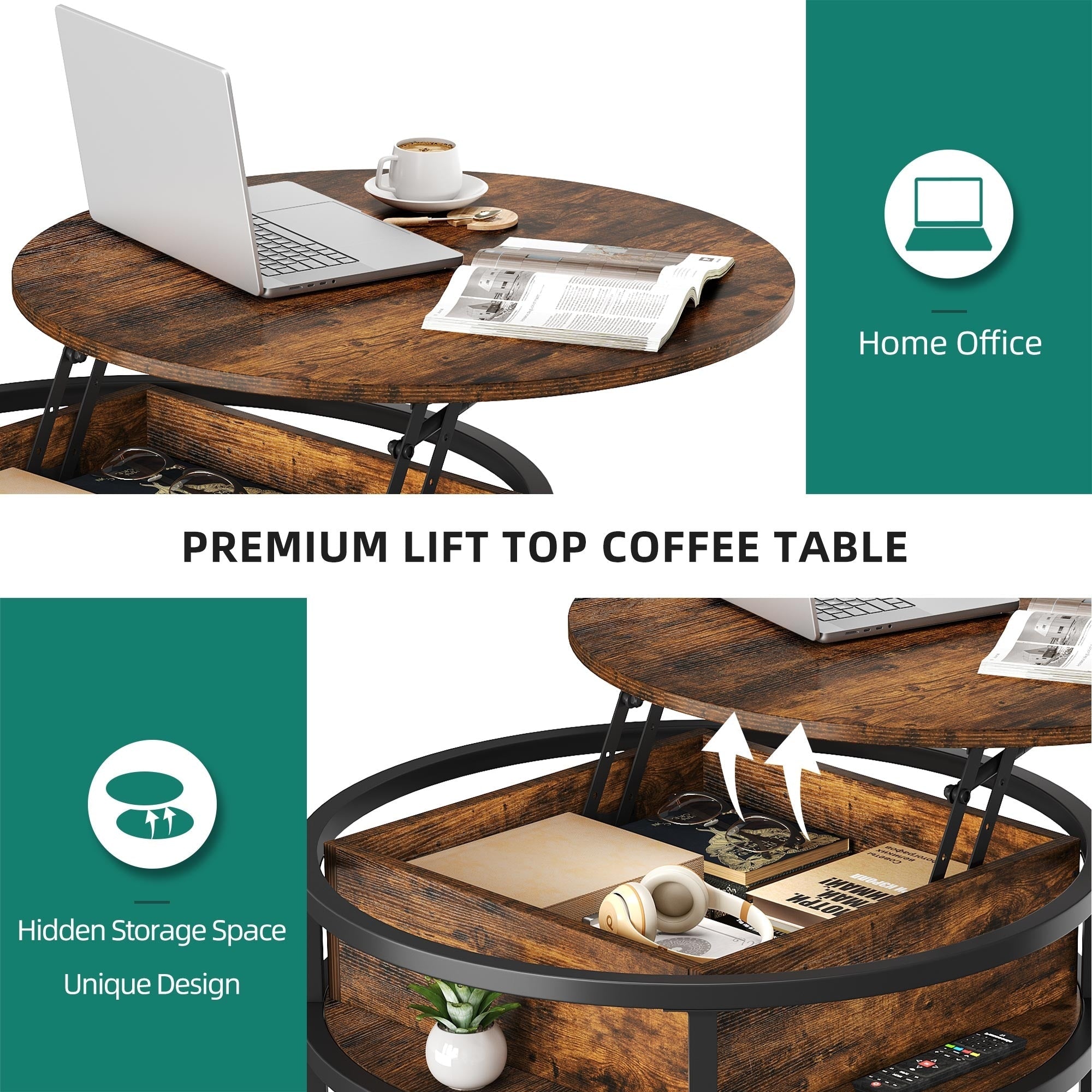 Table basse ronde relevable Moasis avec rangement dissimulé