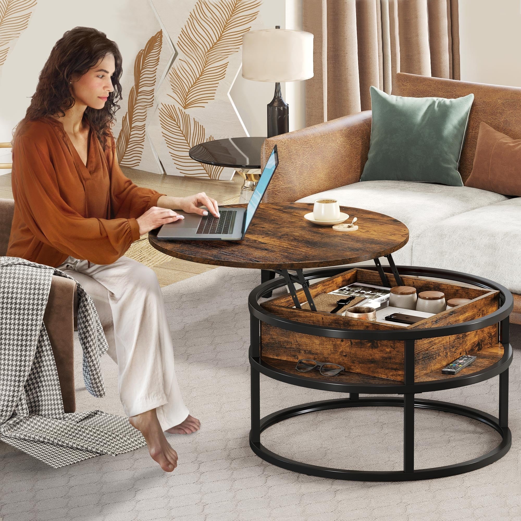 Table basse ronde relevable Moasis avec rangement dissimulé