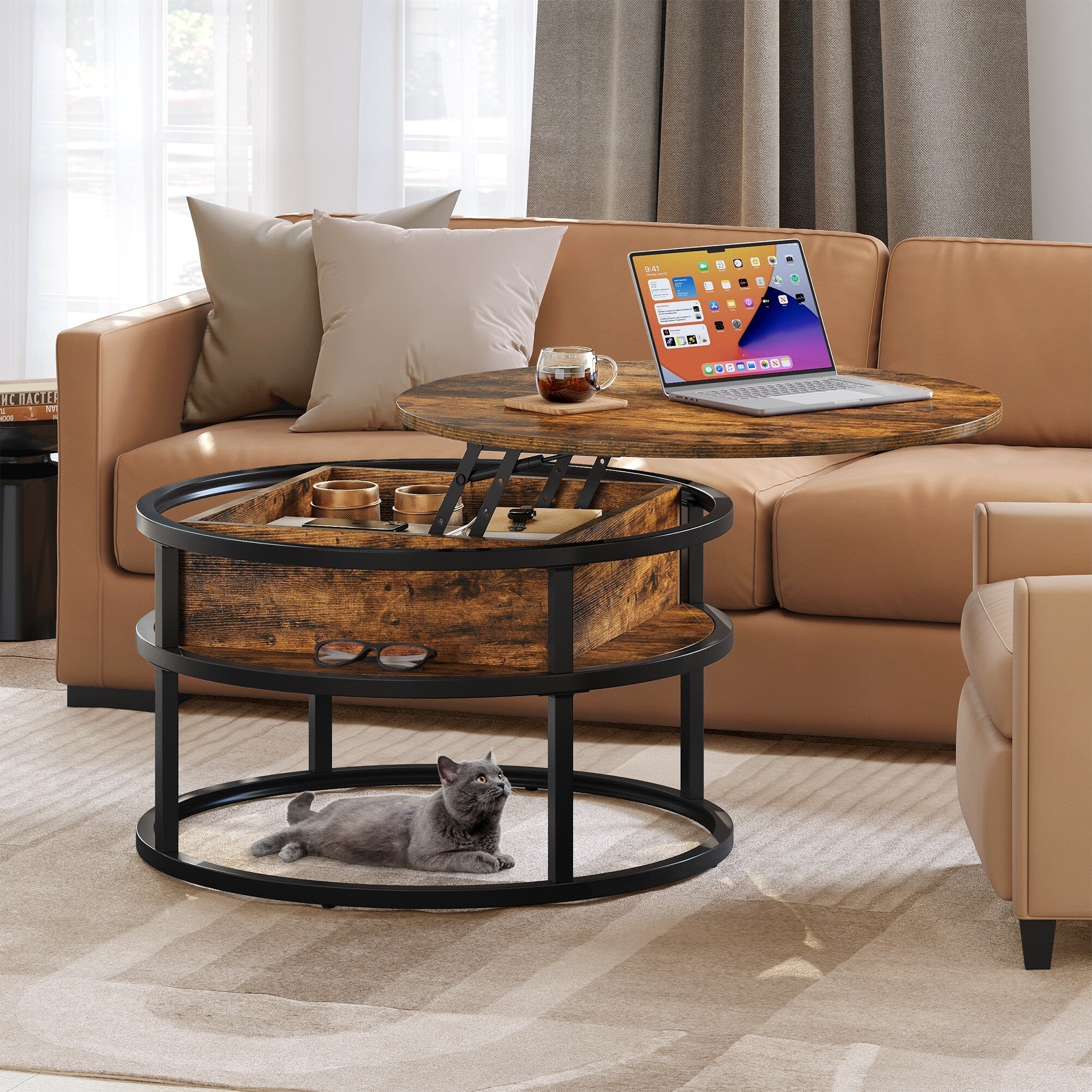 Table basse ronde relevable Moasis avec rangement dissimulé
