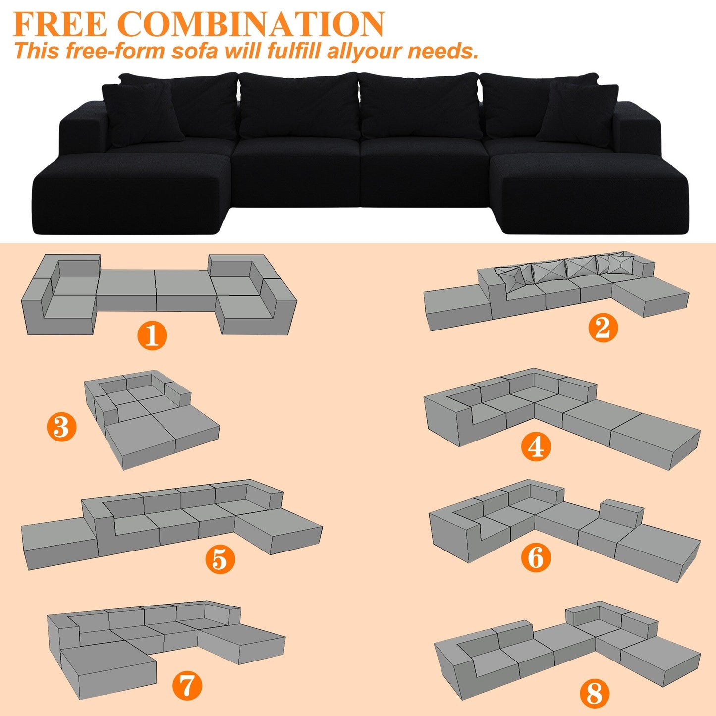 Ensemble de canapés modulaires modernes en L de 162 pouces avec 6 coussins pour salon et chambre à coucher