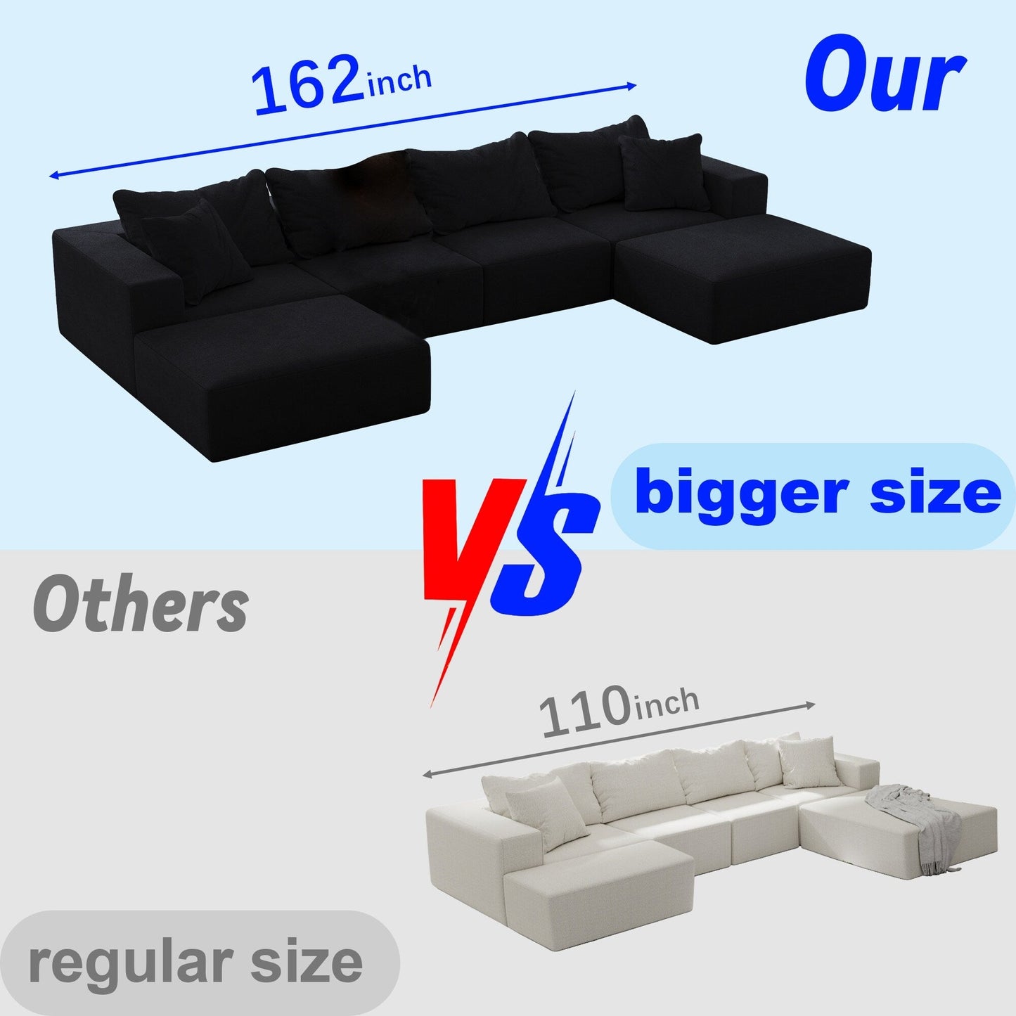 Ensemble de canapés modulaires modernes en L de 162 pouces avec 6 coussins pour salon et chambre à coucher