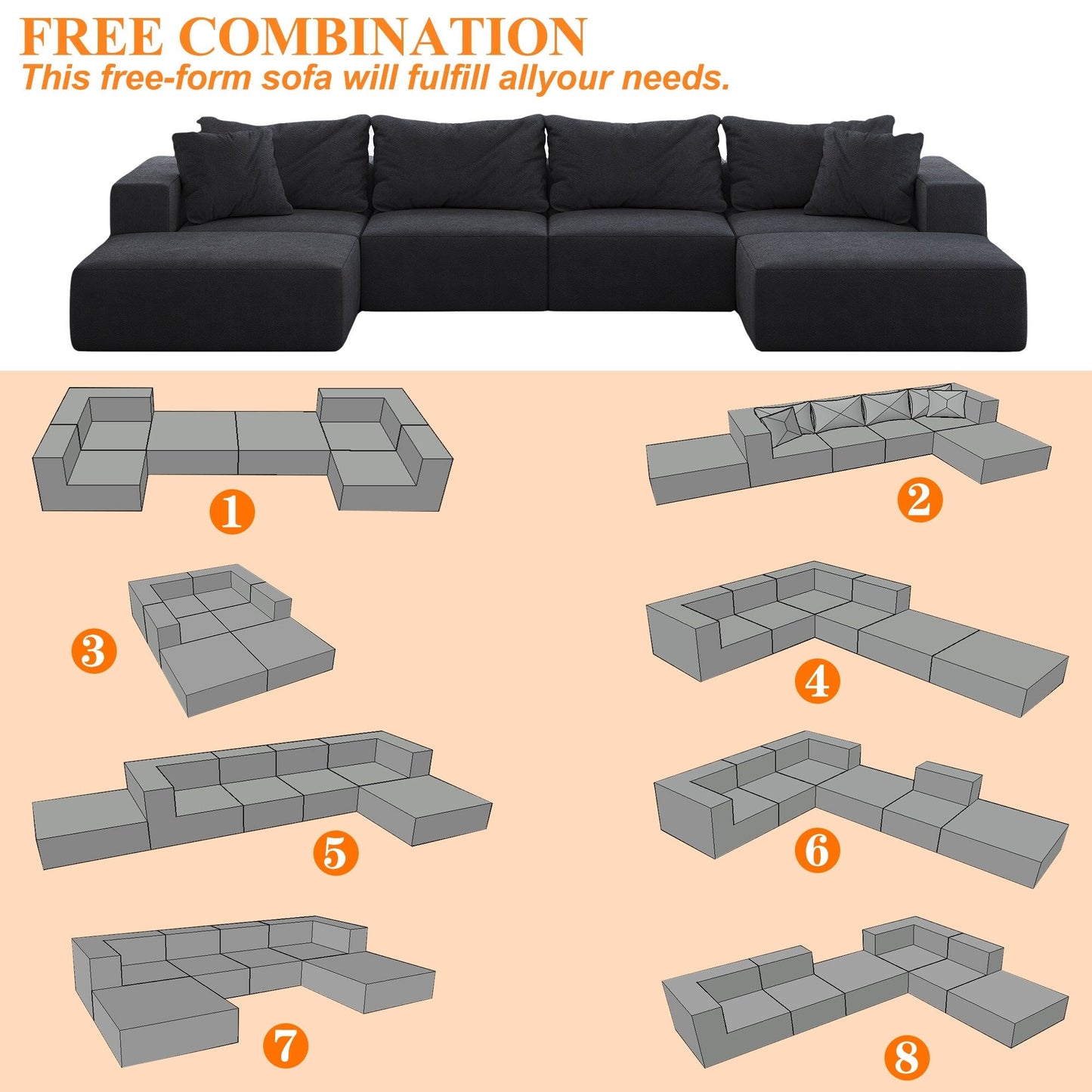 Ensemble de canapés modulaires modernes en L de 162 pouces avec 6 coussins pour salon et chambre à coucher