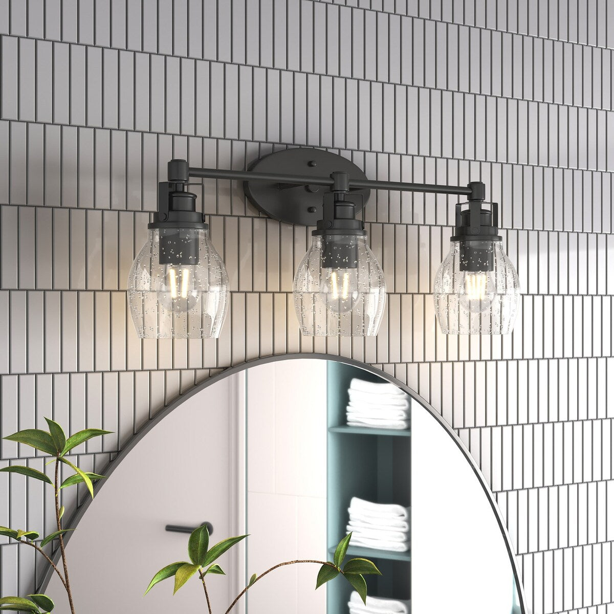 Applique de salle de bain moderne à 3 lumières, finition noire, avec abat-jour en verre grainé