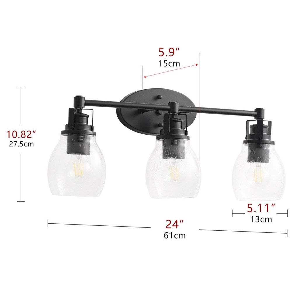 Applique de salle de bain moderne à 3 lumières, finition noire, avec abat-jour en verre grainé